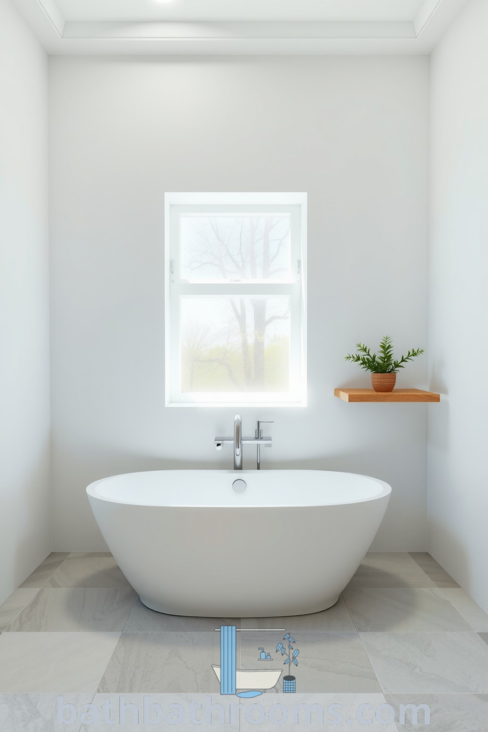 Minimalist bathroom featuring a freestanding tub, textured plaster walls, pale gray stone tiles, a wooden shelf with bath essentials, and a potted plant, creating a cozy and tranquil atmosphere. Discover unique ideas for your home at bathbathrooms.com.