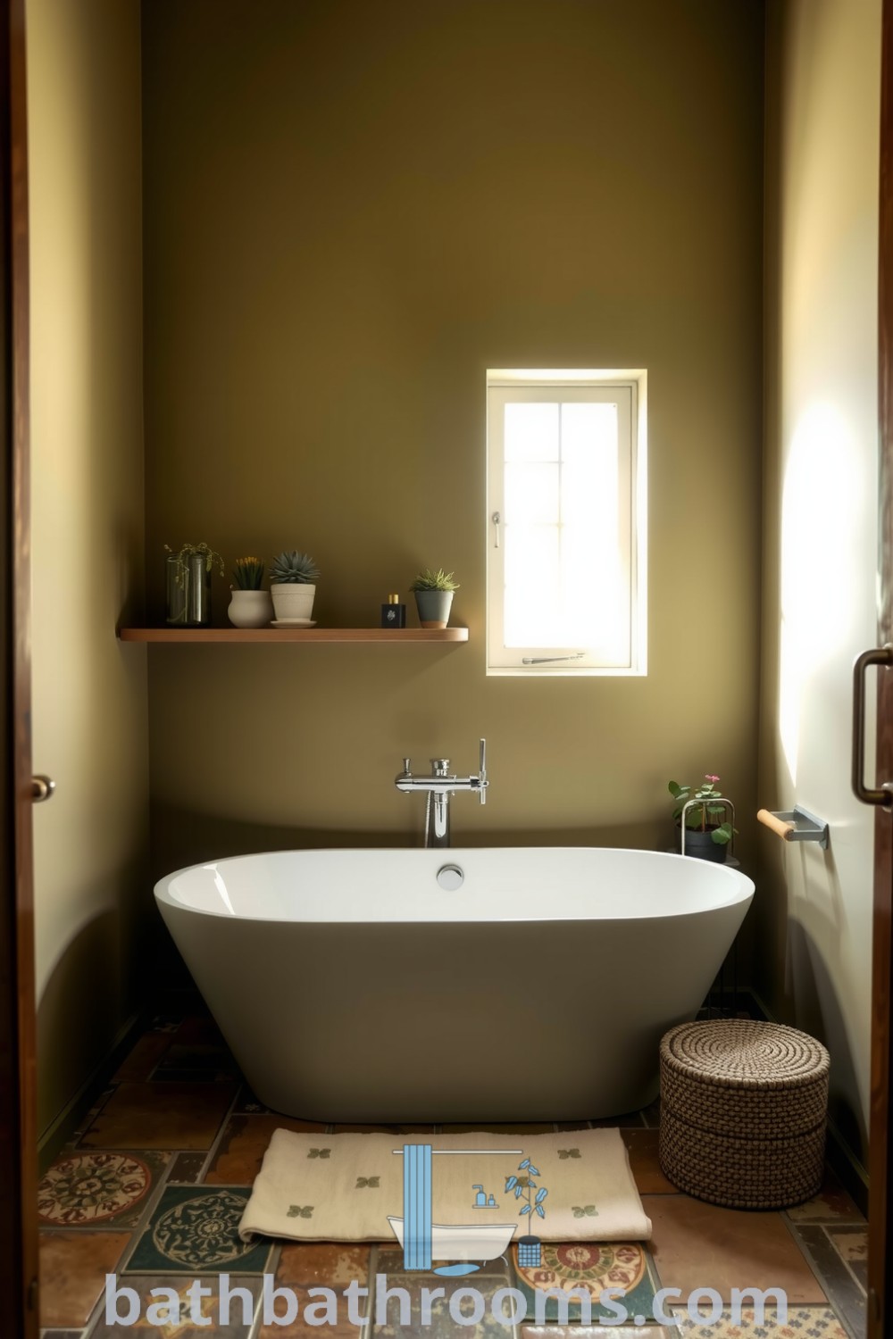 Cozy olive-hued minimalist bathroom featuring a sleek freestanding tub, potted plants, and earthy stone floors, creating a serene and inviting space. Discover more decor ideas for small spaces at bathbathrooms.com.