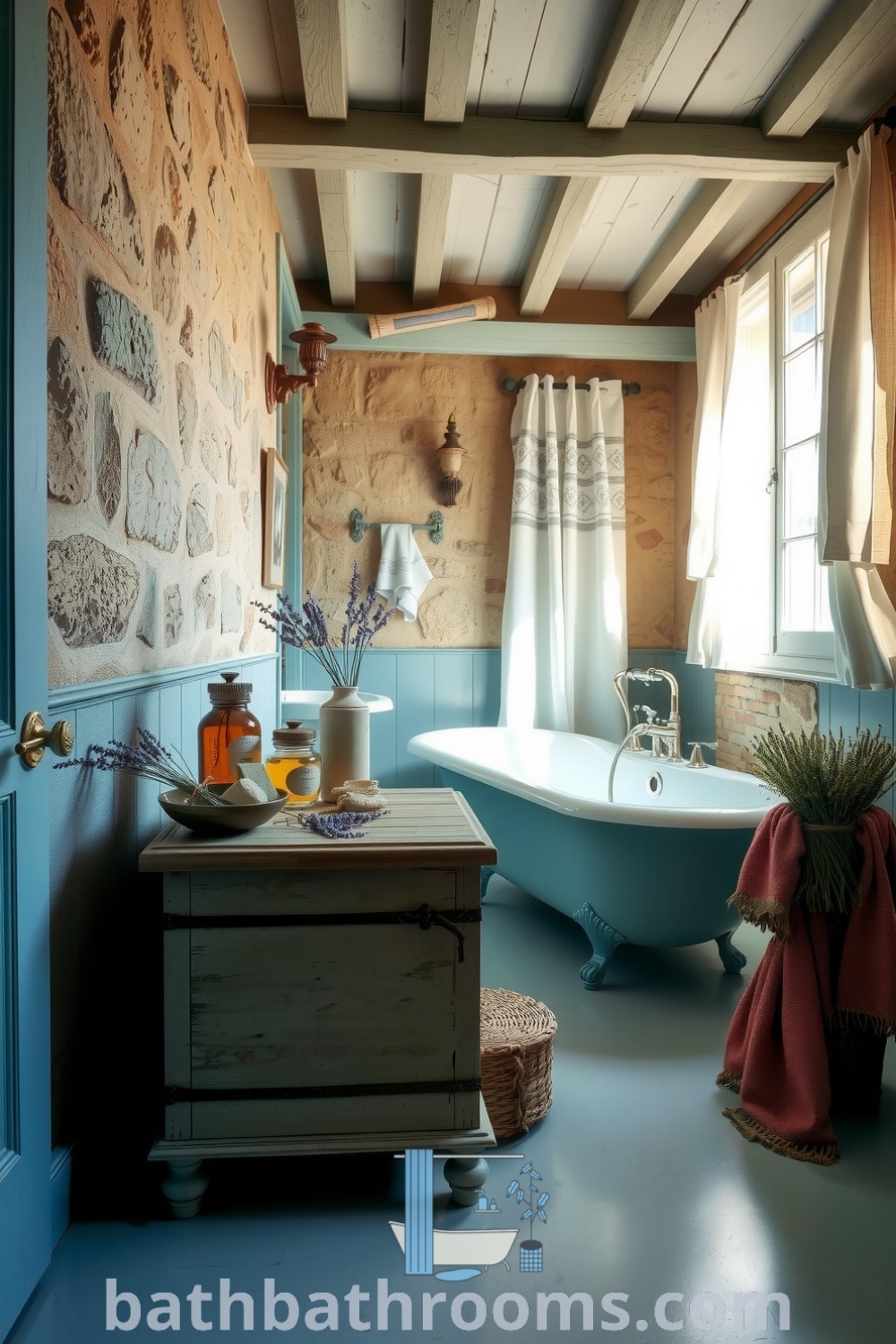 Cozy Provence bathroom with soft blue accents, rustic wooden beams, vintage clawfoot tub, and charming handmade soaps, creating a serene and inviting atmosphere. Discover inspiring decor ideas for your home at bathbathrooms.com.