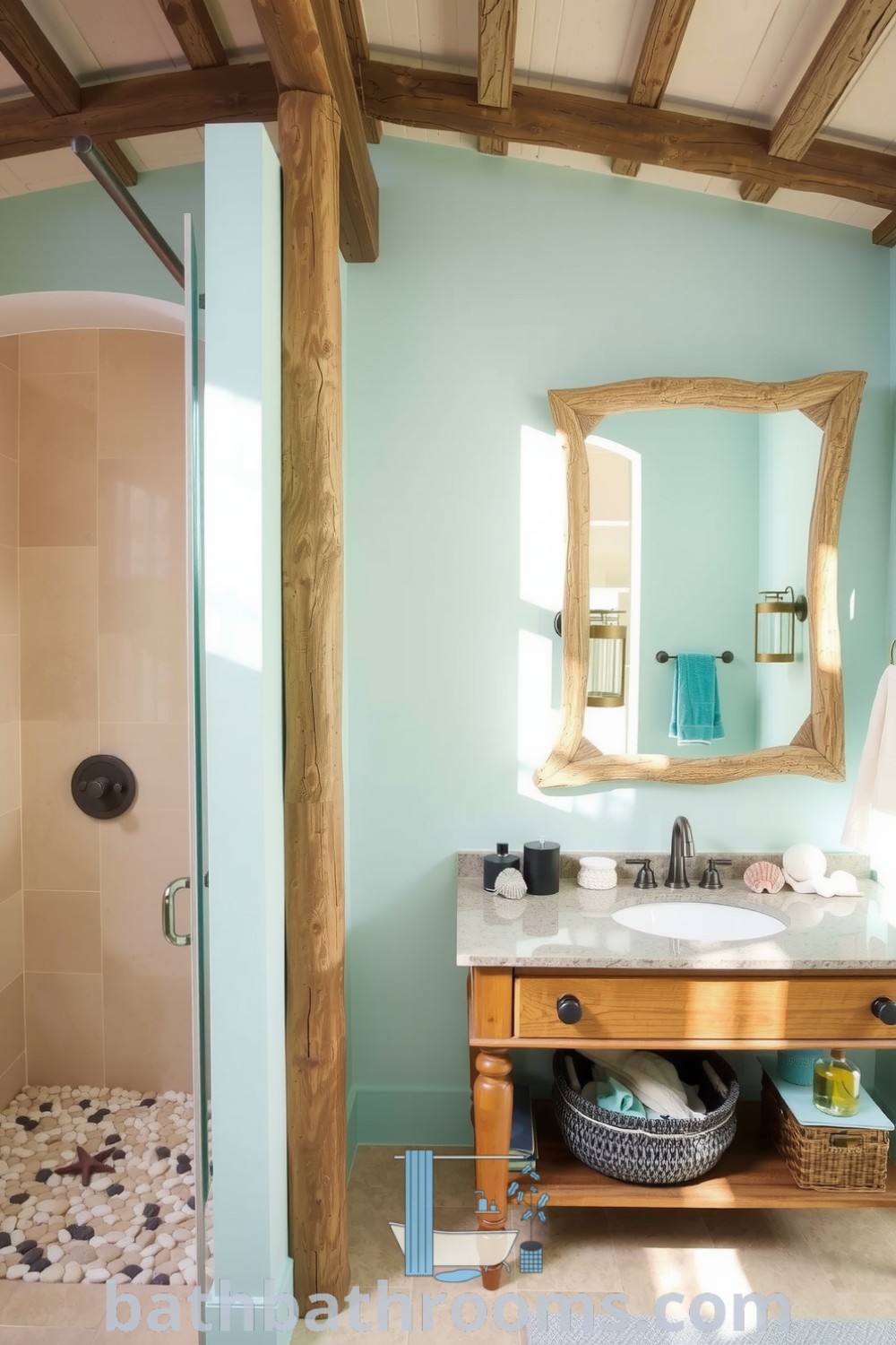 Coastal bathroom showcasing soft aqua hues, sandy beige accents, weathered wooden beams, pebble mosaic tiles, and seashell decor, creating a serene retreat. Discover unique decor ideas for your home at bathbathrooms.com.