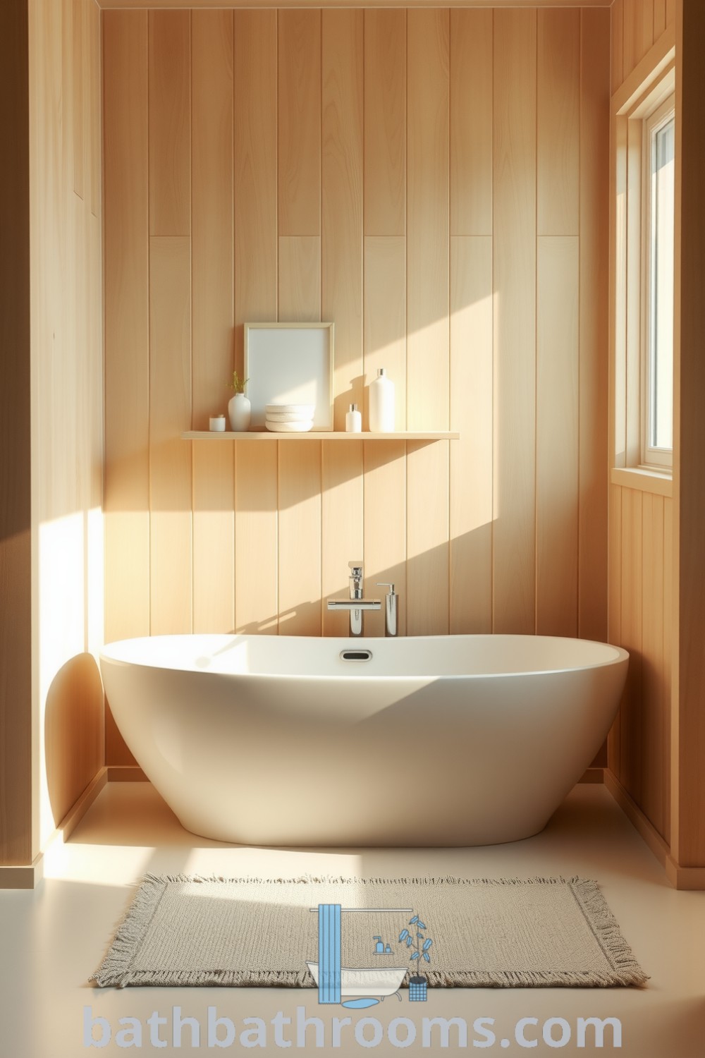 Bright minimalist bathroom with warm sand tones, a freestanding tub, light wood paneling, and a cozy cotton rug, creating a serene retreat atmosphere. Discover inspiring decor ideas for your home at bathbathrooms.com.
