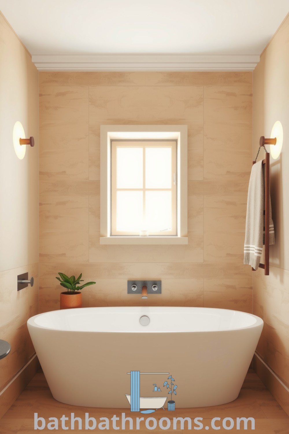 Minimalist bathroom featuring a freestanding tub, warm beige tones, textured stone walls, a wooden towel rack, and a small potted plant, creating a cozy and inviting atmosphere. Discover inspiring decor ideas for your home at bathbathrooms.com.