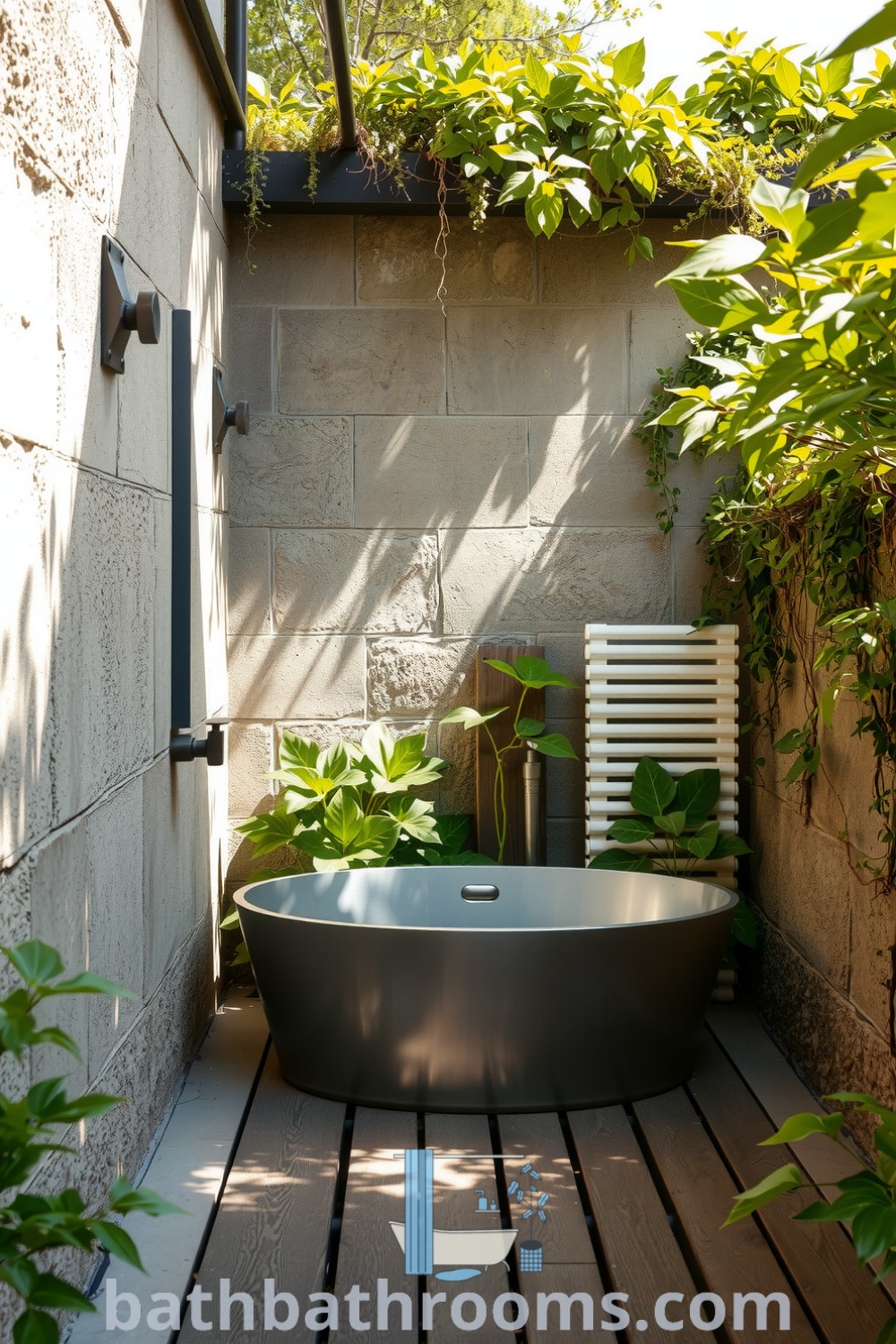 Industrial outdoor bathroom featuring raw stone walls, weathered metal fixtures, a freestanding brushed steel bath, and lush greenery, creating a peaceful and inviting atmosphere. Discover more inspiring decor ideas for your home at bathbathrooms.com.