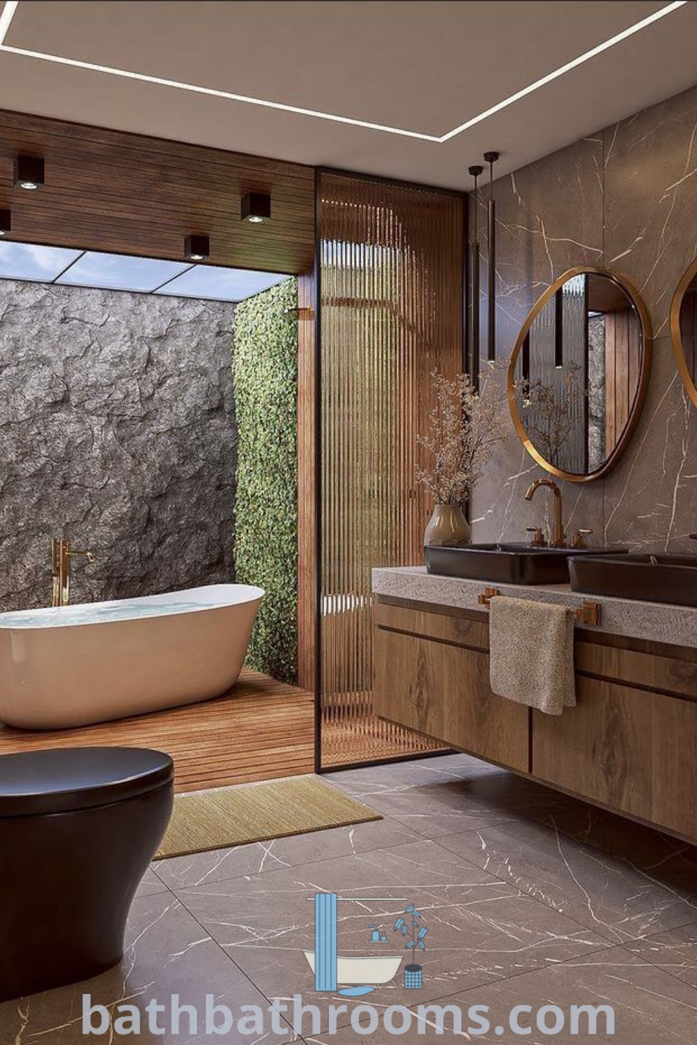 A large bathroom featuring two sinks and a bathtub, designed in a luxurious Zen style with wooden accents. The space showcases Japanese bathroom inspirations and modern Bloxburg decor ideas for a cozy and functional atmosphere. Explore more unique ideas for your home at bathbathrooms.com.