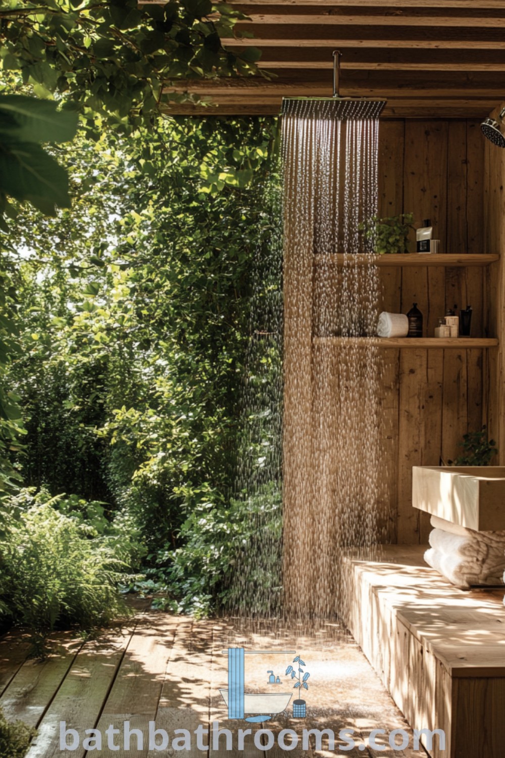 An outdoor shower in the middle of a wooden decked area surrounded by greenery, showcasing luxury bathroom master and outdoor bathroom design ideas. This cozy oasis exemplifies unique decor inspirations for creating inviting spaces at bathbathrooms.com.