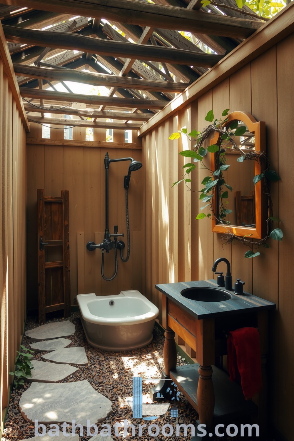 Rustic outdoor bathroom with wooden beams, vintage-style showerhead, handcrafted wooden sink, and sunlight filtering through leaves, creating a warm, inviting atmosphere. Explore unique ideas and inspirations for your home at bathbathrooms.com.