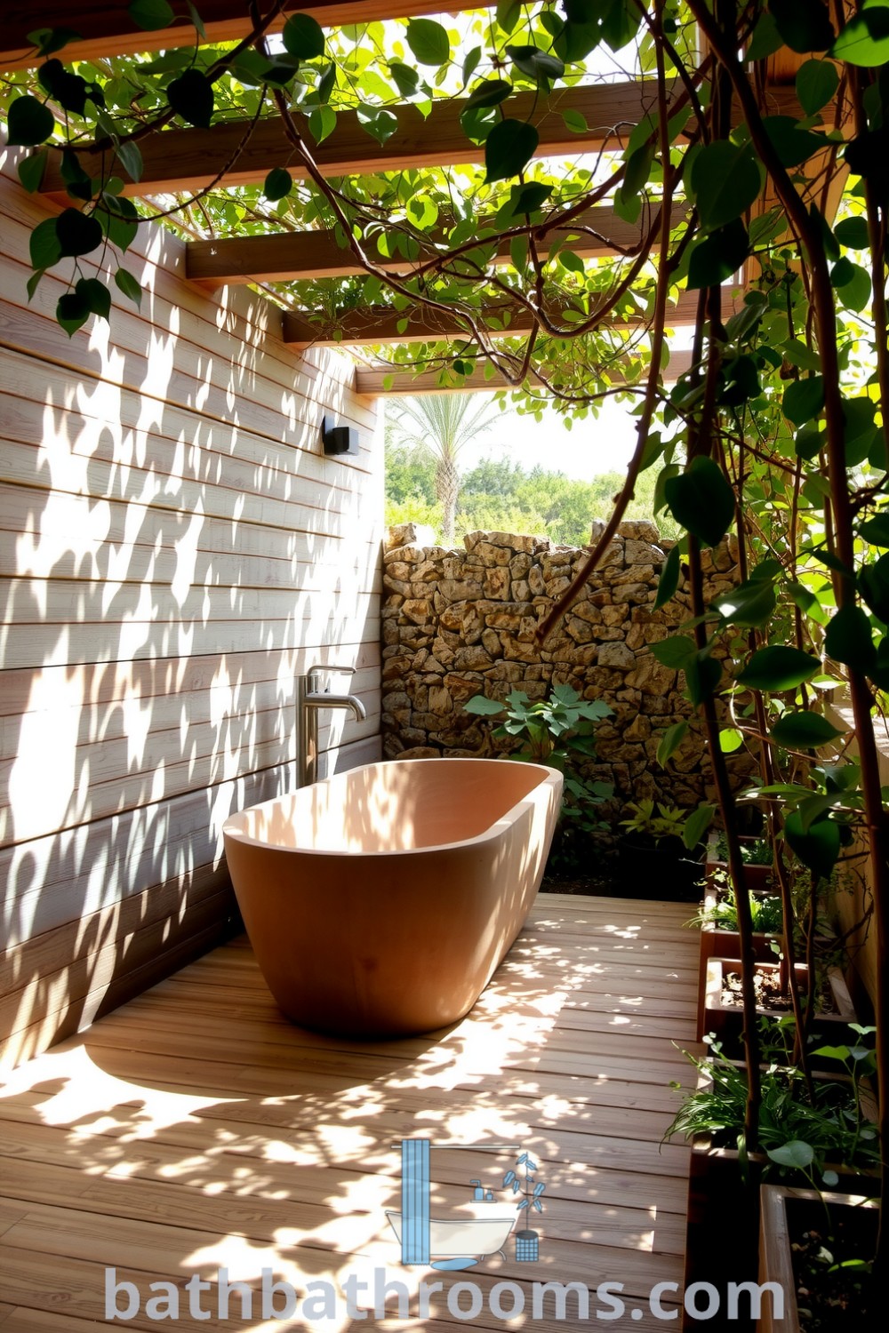 Eco-friendly outdoor bathroom featuring wooden planks, a stone wall, a textured clay freestanding tub under climbing vines, and potted herbs for a cozy atmosphere. Discover unique decor ideas and inspirations for your home at bathbathrooms.com.