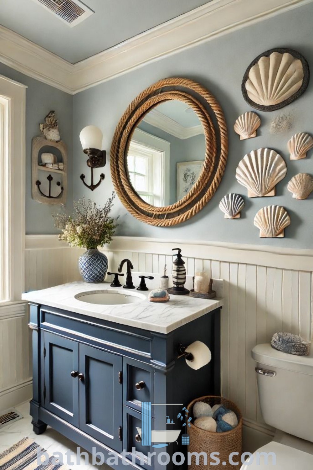 A beautiful bathroom with blue walls and white fixtures, showcasing a navy blue vanity in a nautical theme. This guest bathroom is designed to inspire with luxurious decor ideas and functional styling tips, perfect for anyone looking to refresh their space. Explore more unique ideas at bathbathrooms.com.