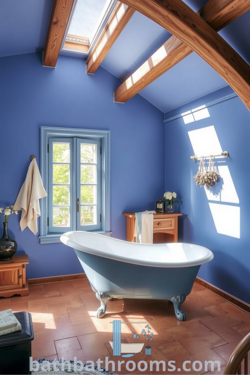 Cozy Provence bathroom featuring blue-hued walls, a vintage clawfoot tub, rustic terracotta tiles, and dried herbs hanging from wooden beams, creating a serene and inviting space. Discover more unique ideas on bathbathrooms.com.