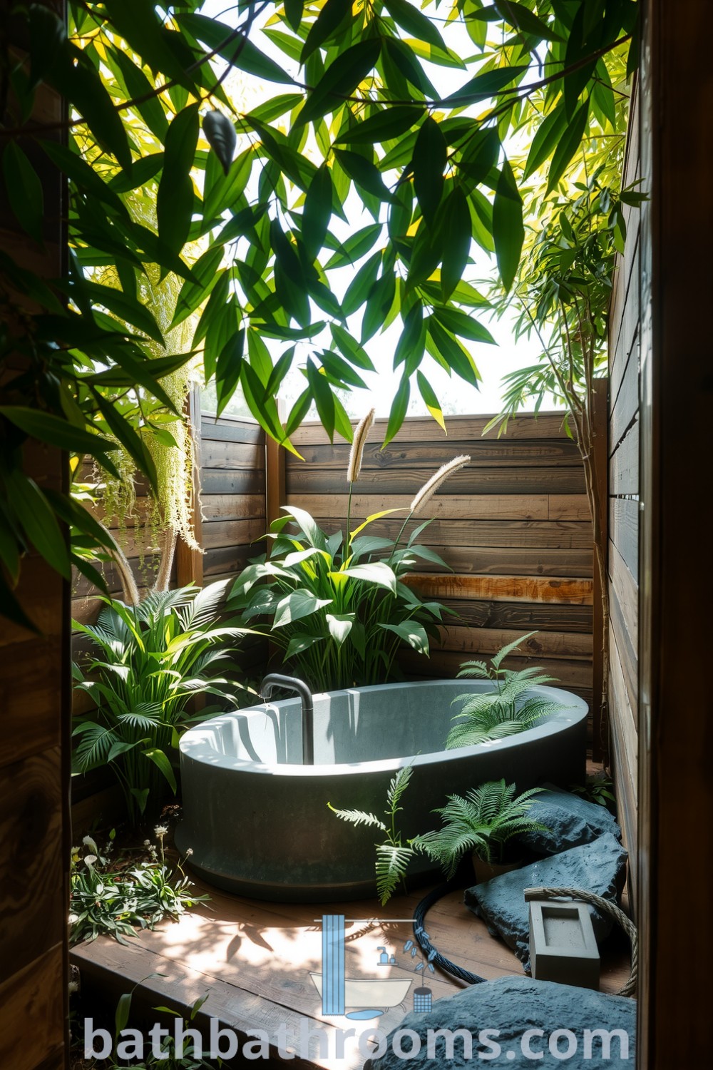 Cozy outdoor bathroom featuring reclaimed wood walls, a large stone bathtub surrounded by ferns and wildflowers, creating a serene atmosphere. Discover inspiring decor ideas for your home at bathbathrooms.com.