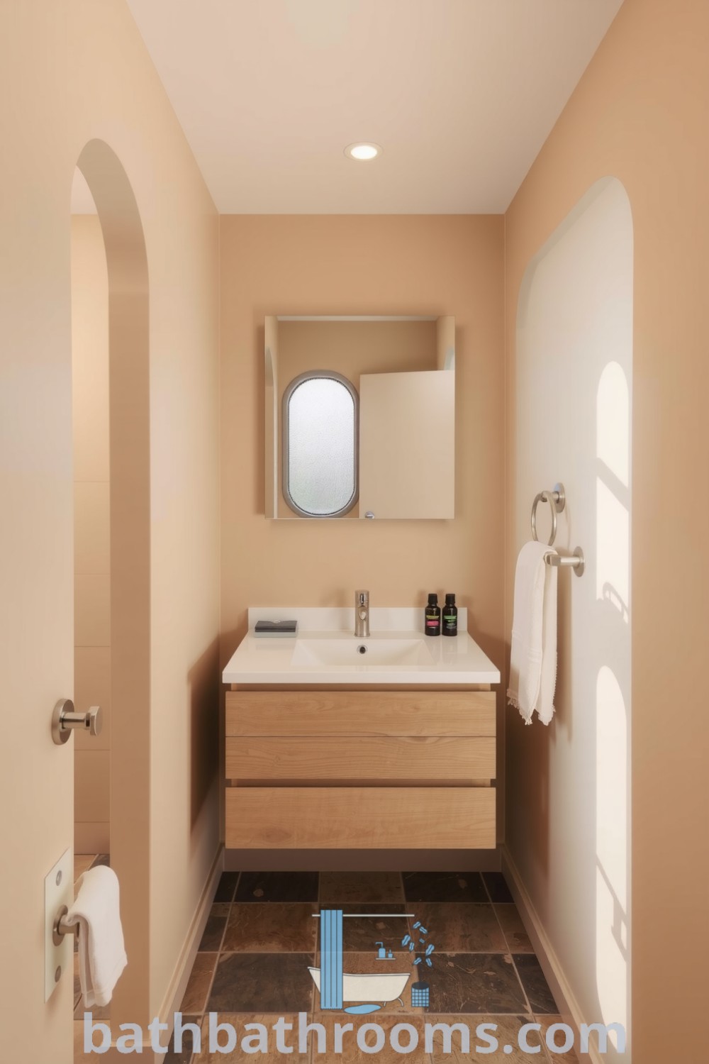 Minimalist bathroom featuring beige walls, a light wood vanity, earthy stone tiles, and soft natural light from frosted windows, creating a relaxing atmosphere. Discover more cozy decor ideas at bathbathrooms.com.