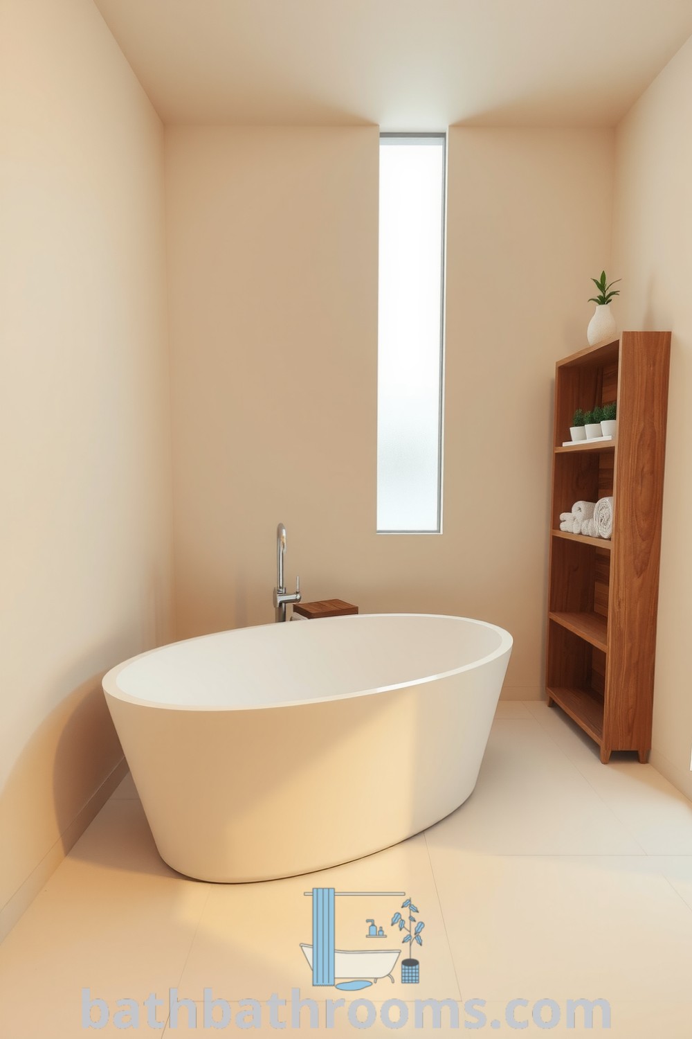 Tranquil minimalist bathroom with creamy beige walls, a sleek matte tub, wooden accents, and potted plants, creating a cozy and inviting atmosphere perfect for relaxation. Discover more unique ideas for your home at bathbathrooms.com.