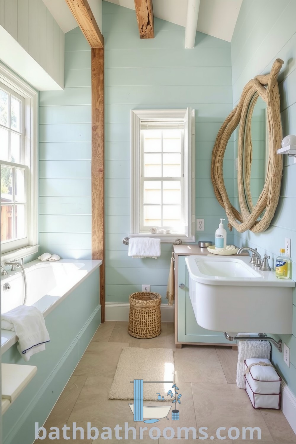 Coastal bathroom featuring soft seafoam hues, weathered wood accents, sandy-colored tiles, a driftwood mirror, seashells, and an inviting atmosphere perfect for relaxation. Discover unique decor ideas and inspirations for your home at bathbathrooms.com.