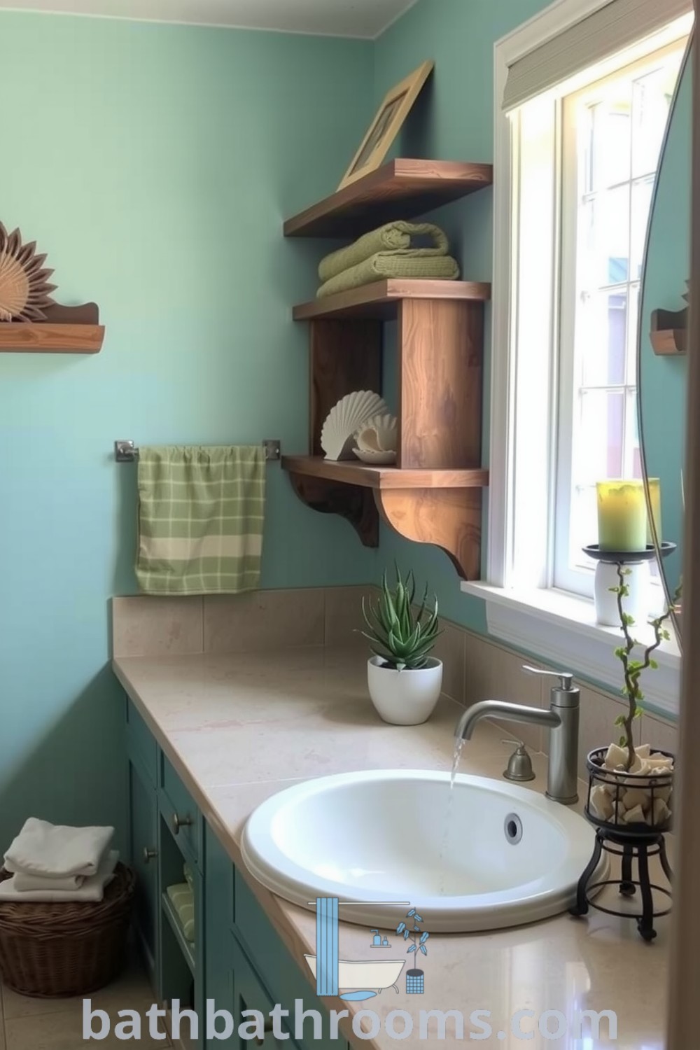 Coastal bathroom featuring soft aqua and sandy beige colors, weathered wooden accents, driftwood-inspired shelves, seashell decor, and potted succulents, creating a serene and inviting atmosphere. Discover inspiring decor ideas at bathbathrooms.com.