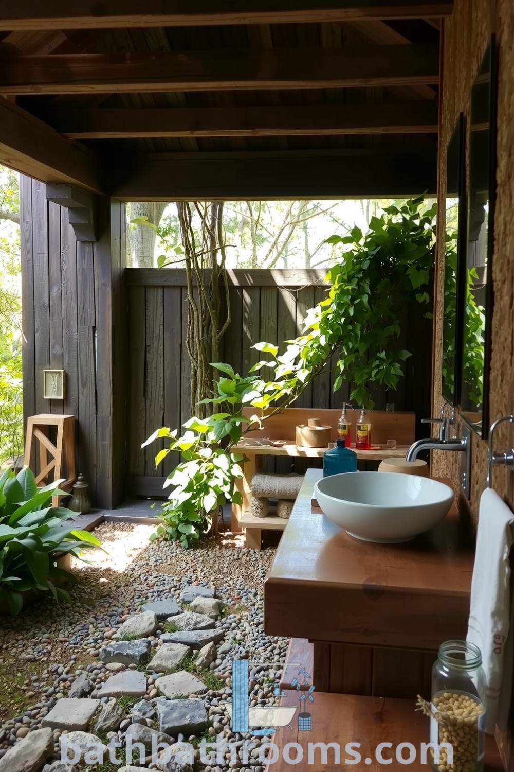 Eco-friendly outdoor bathroom featuring weathered wood beams, a sunken stone tub surrounded by climbing vines, and a handmade ceramic sink on a reclaimed wood vanity. Explore unique cozy decor ideas for your home at bathbathrooms.com.