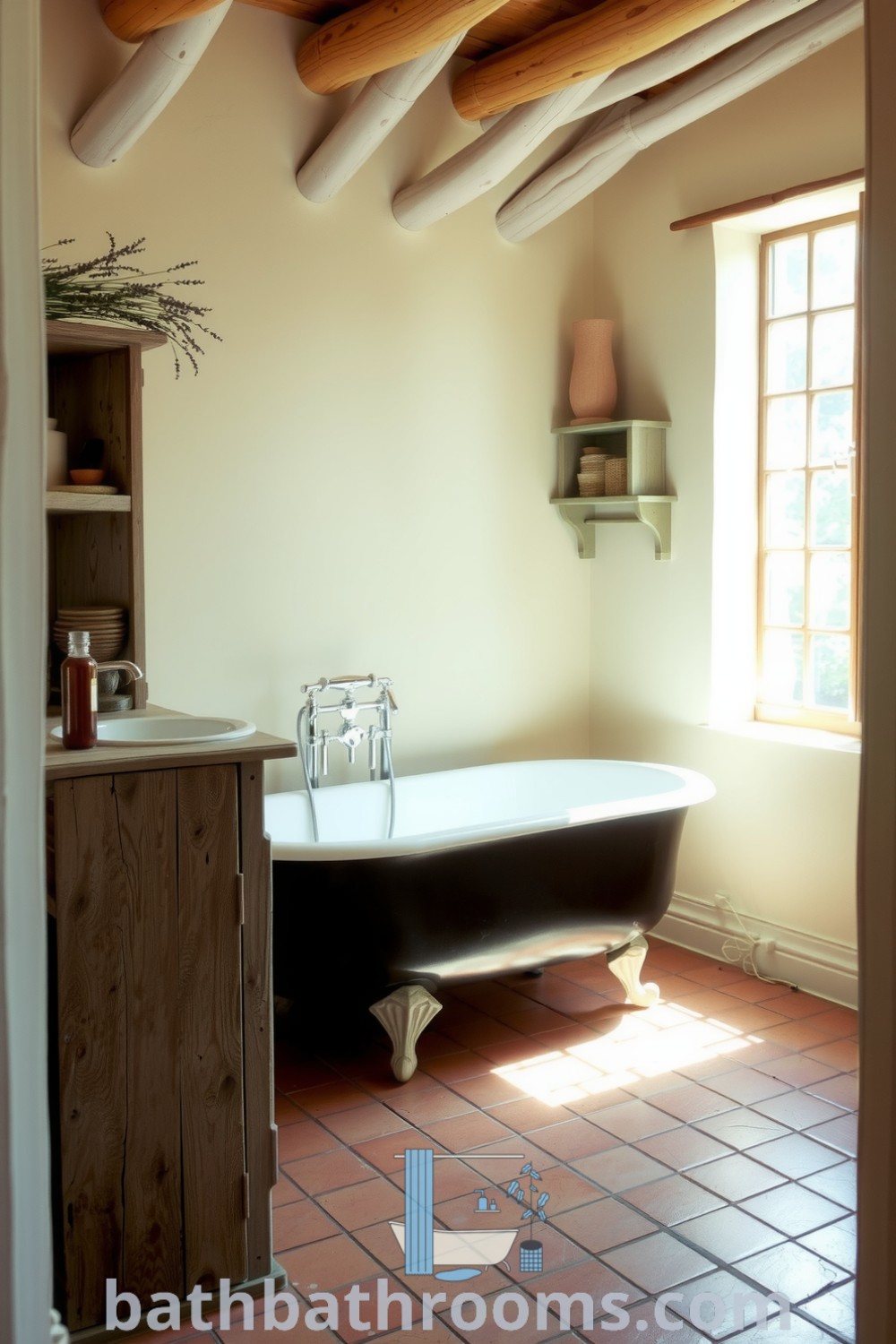 Cozy Provence bathroom featuring creamy walls, a clawfoot tub, rustic terracotta tiles, a wooden vanity, and lavender sprigs, creating a warm and tranquil retreat. Discover more inspiring decor ideas at bathbathrooms.com.