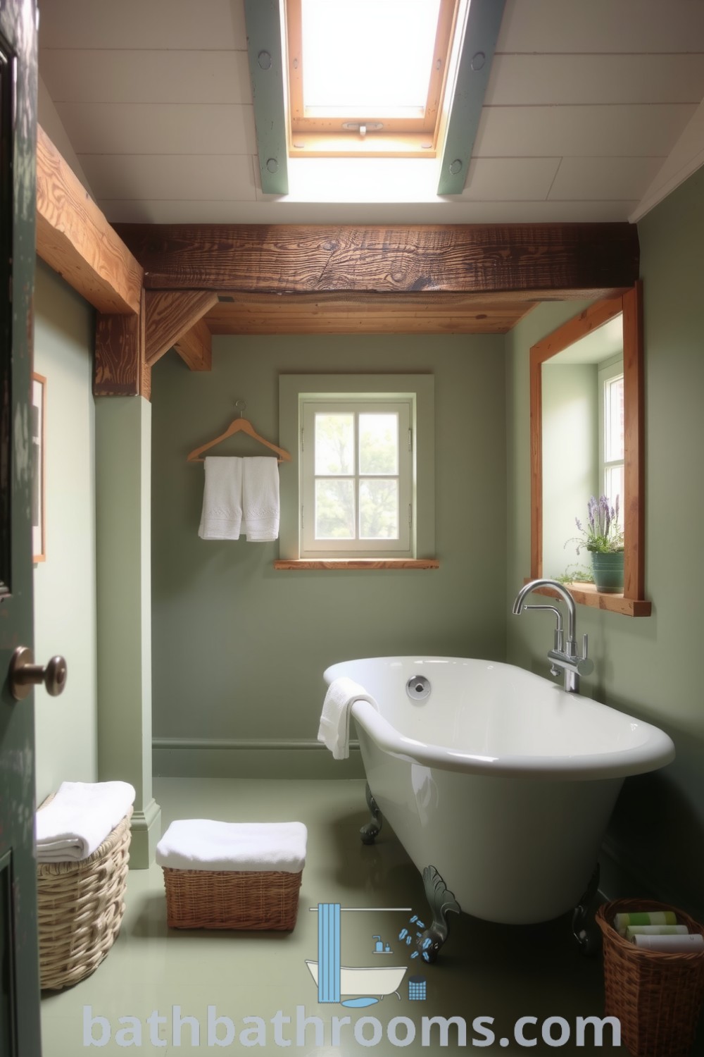 Cozy Provence bathroom featuring soft green hues, rustic wooden beams, a freestanding tub, woven baskets for towels, and potted herbs, embodying tranquility and inviting relaxation. Discover more inspiring decor ideas for your home at bathbathrooms.com.