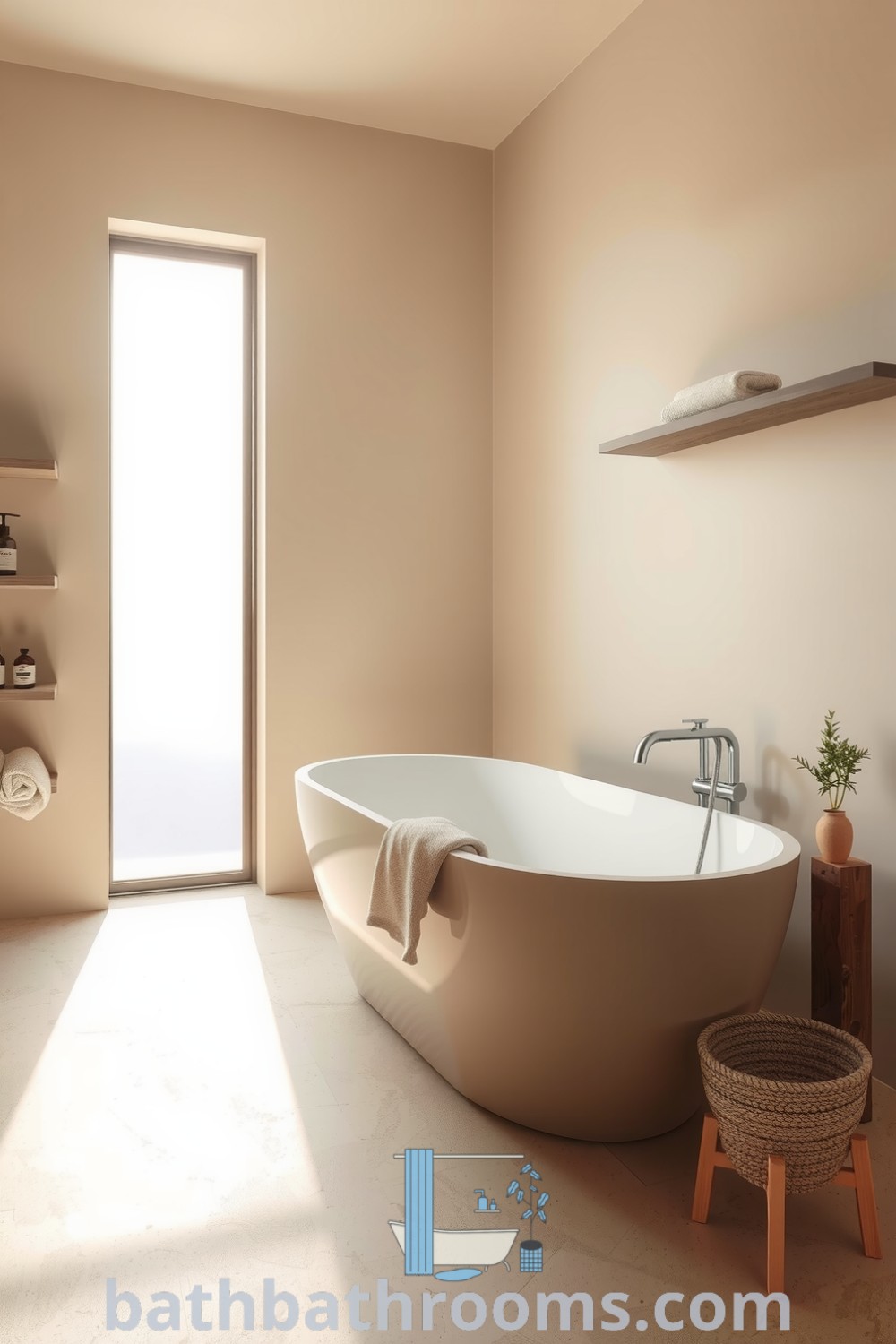 Minimalist bathroom featuring a freestanding tub, floating wooden shelves, and a textured concrete floor, creating a serene retreat atmosphere ideal for relaxation. Discover more inspiring decor ideas for your home at bathbathrooms.com.