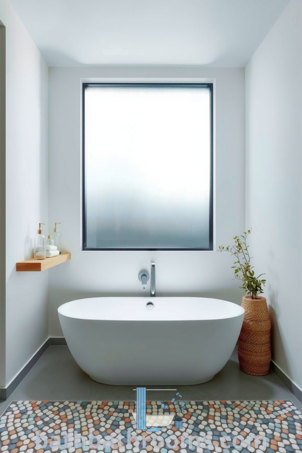 Minimalist bathroom featuring calming cyan colors, a sleek modern tub, natural wooden accents, pebbled stone flooring, and a vase of greenery, creating a serene and cozy aesthetic. Discover more cozy decor ideas at bathbathrooms.com.