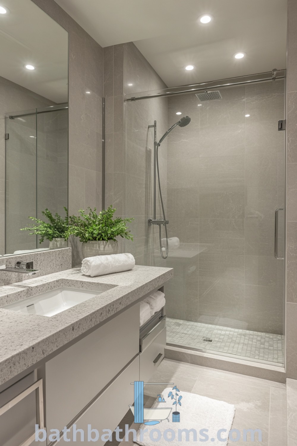 A modern clean bathroom design featuring two sinks, a spacious shower, and a plant in the middle. Perfect for minimalist bathroom design small spaces and stylish shower aesthetics, discover design ideas at bathbathrooms.com.