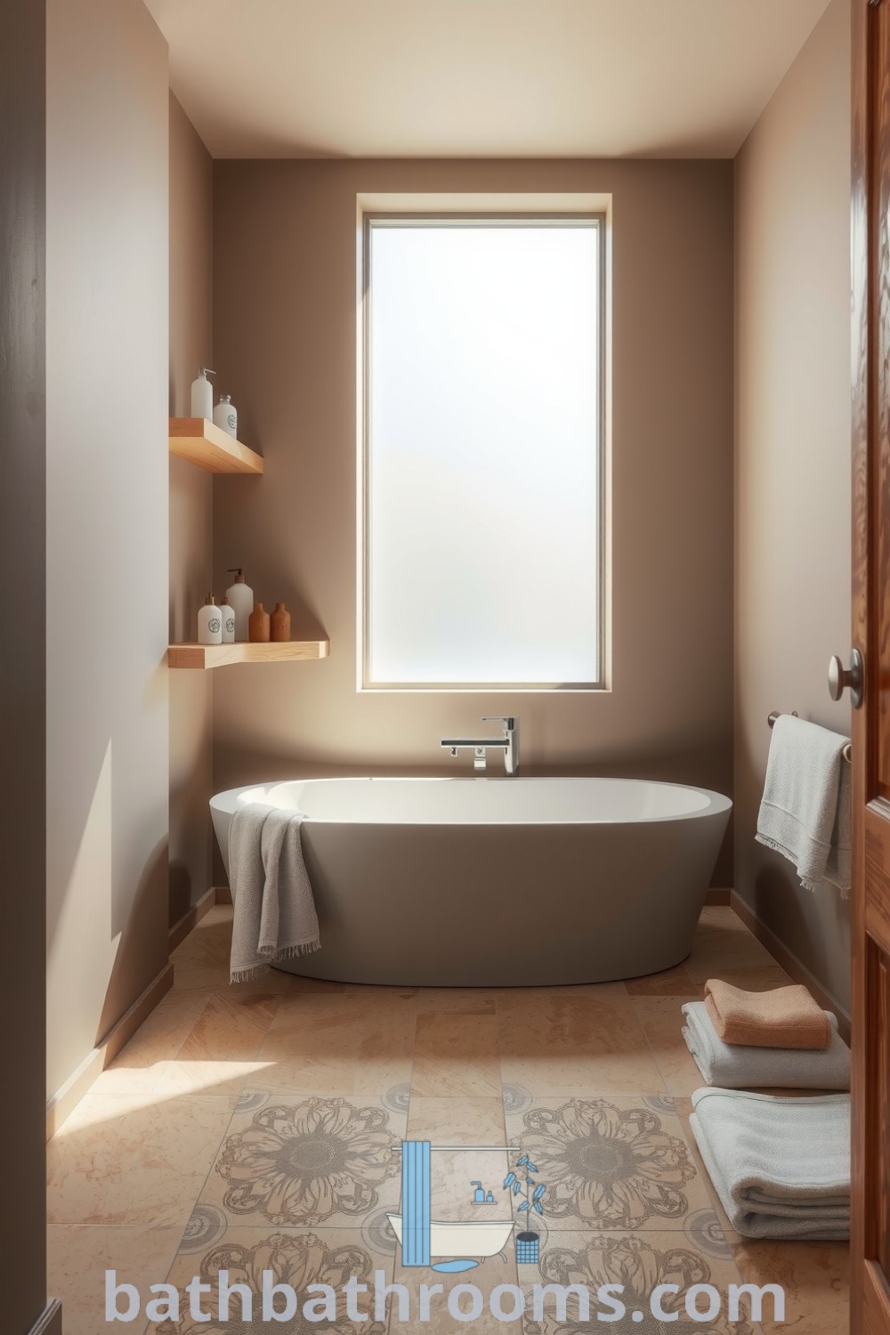 Minimalist bathroom featuring calming taupe tones, a freestanding tub, natural wood shelves with handcrafted items, soft cotton towels, and natural stone flooring, creating a cozy sanctuary. Discover more cozy decor ideas at bathbathrooms.com.