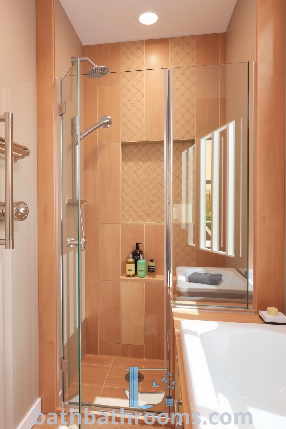 Beige-themed bathroom featuring a glass shower, warm earth-tone tiles, textured stone walls, and wood accents, creating a cozy and relaxing atmosphere. Discover more cozy decor ideas at bathbathrooms.com.