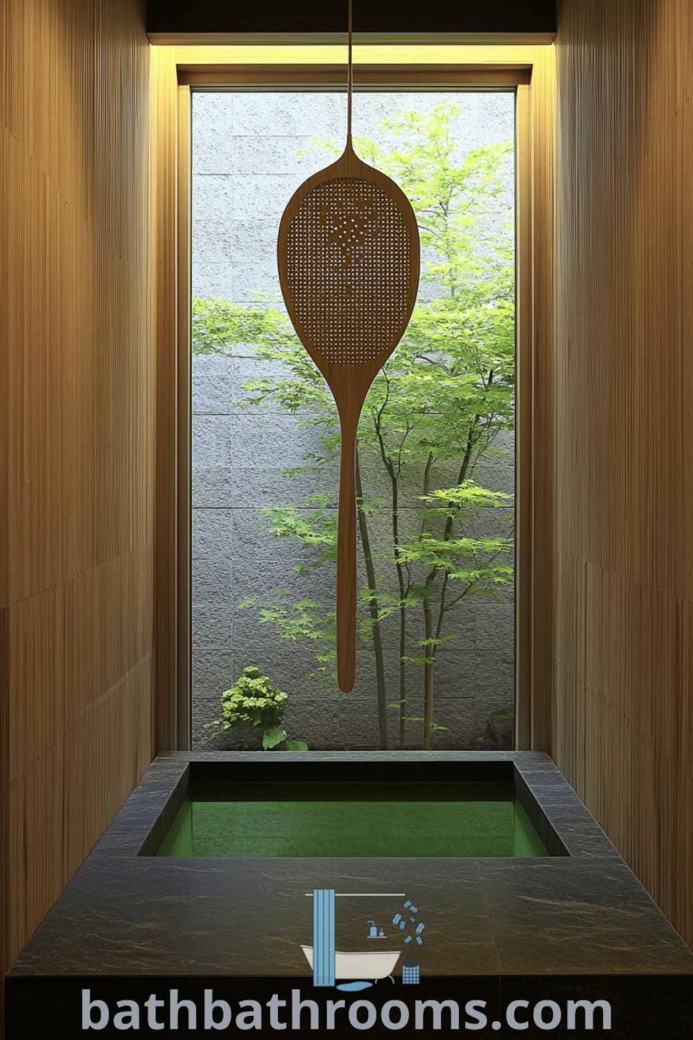 Tranquil Japanese bathroom featuring warm wooden panels, a green-tiled tub, bamboo accents, and a small window overlooking a serene garden, creating a cozy aesthetic. Discover inspiring decor ideas for your home at bathbathrooms.com.