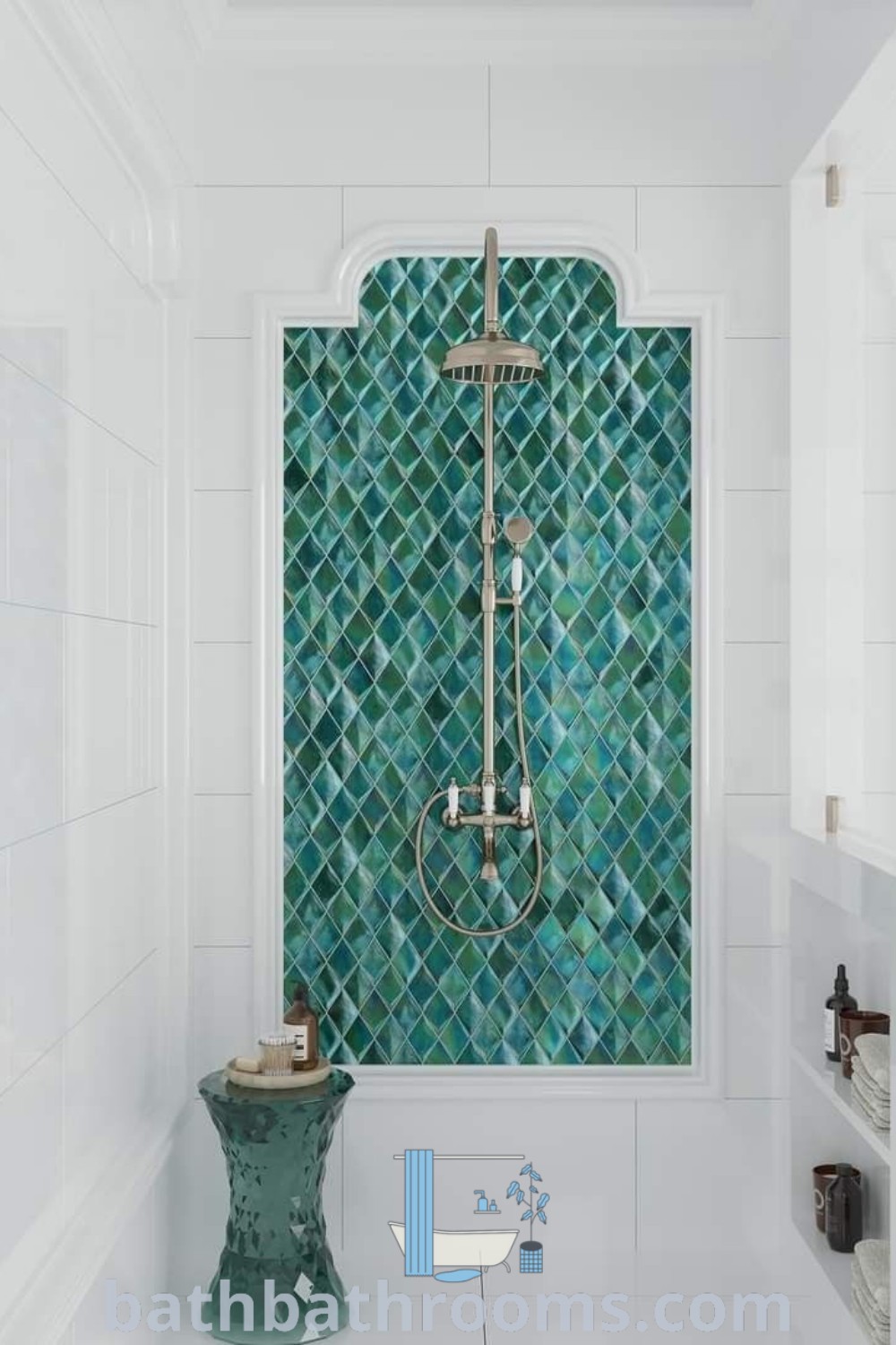 A green tiled shower in a white bathroom, showcasing unique tile patterns and mosaic elements. This design exudes a cozy aesthetic perfect for elegant bathroom decor. Discover more inspiring ideas for your home at bathbathrooms.com.