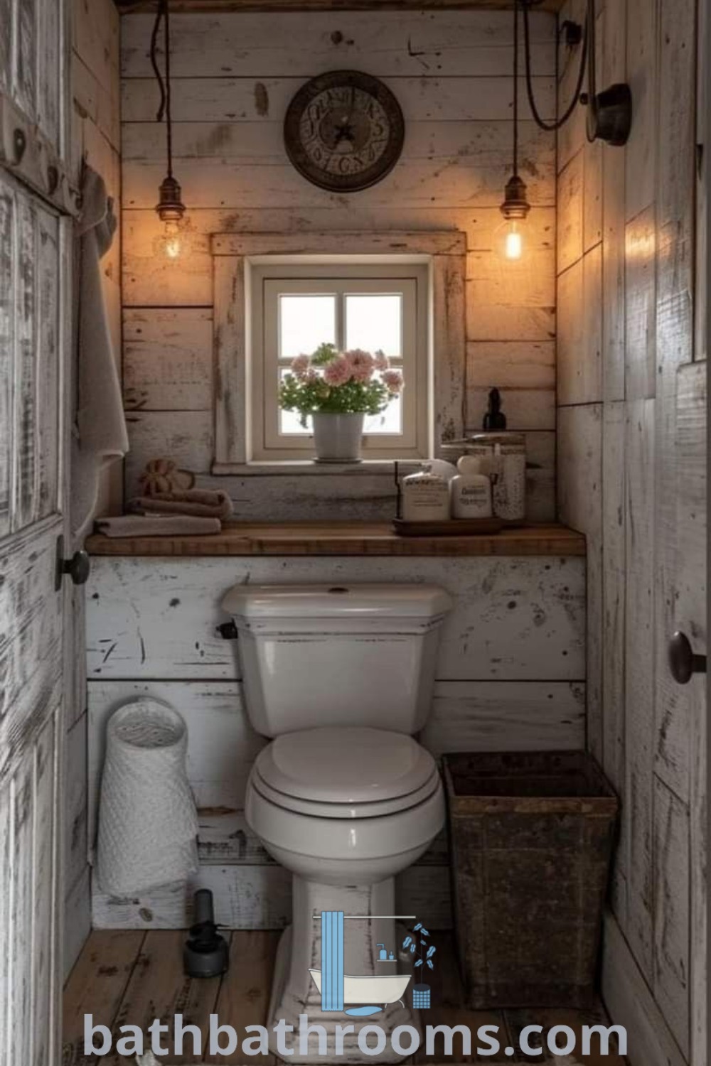 A rustic bathroom showcasing a white toilet next to a window, adorned with vintage accessories and farmhouse elements. This cozy home decor inspires bathroom design ideas perfect for a powder room, blending functionality with classic aesthetics. Discover more inspirations at bathbathrooms.com.