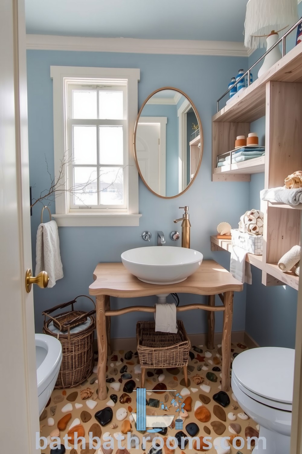 Cozy beach-inspired bathroom featuring soft blues, sandy beige hues, weathered wooden accents, a vessel sink, and seashell decor, creating a serene and inviting atmosphere. Discover more decor ideas for your home at bathbathrooms.com.