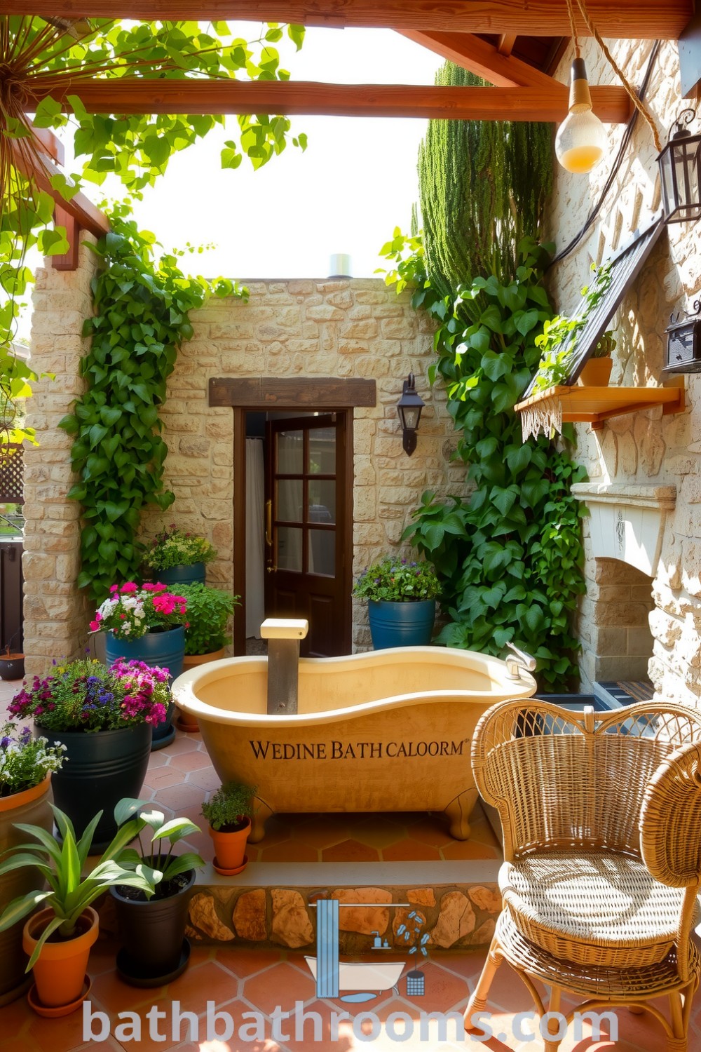 Cozy outdoor bathroom with terracotta tiles, stone walls covered in vines, a weathered wooden tub, and fragrant herb pots, creating a tranquil oasis for rejuvenation. Discover more decor ideas for a perfect style fusion at bathbathrooms.com.