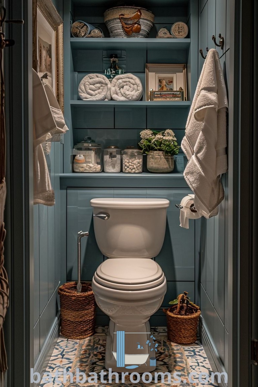 A cozy toilet room in a bathroom with blue walls, featuring cottage-style decor and storage hacks. This small country bathroom embodies inviting design ideas for cozy spaces, showcasing inspirations for toilet room decor. Visit bathbathrooms.com for more creative ideas.