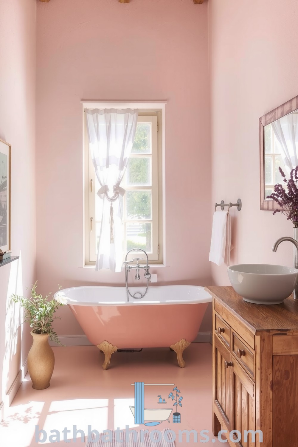 Cozy Provence bathroom featuring soft pink hues, a vintage clawfoot tub, rustic wooden vanity, and lavender touches, creating a serene and inviting space. Discover more inspiring decor ideas at bathbathrooms.com.