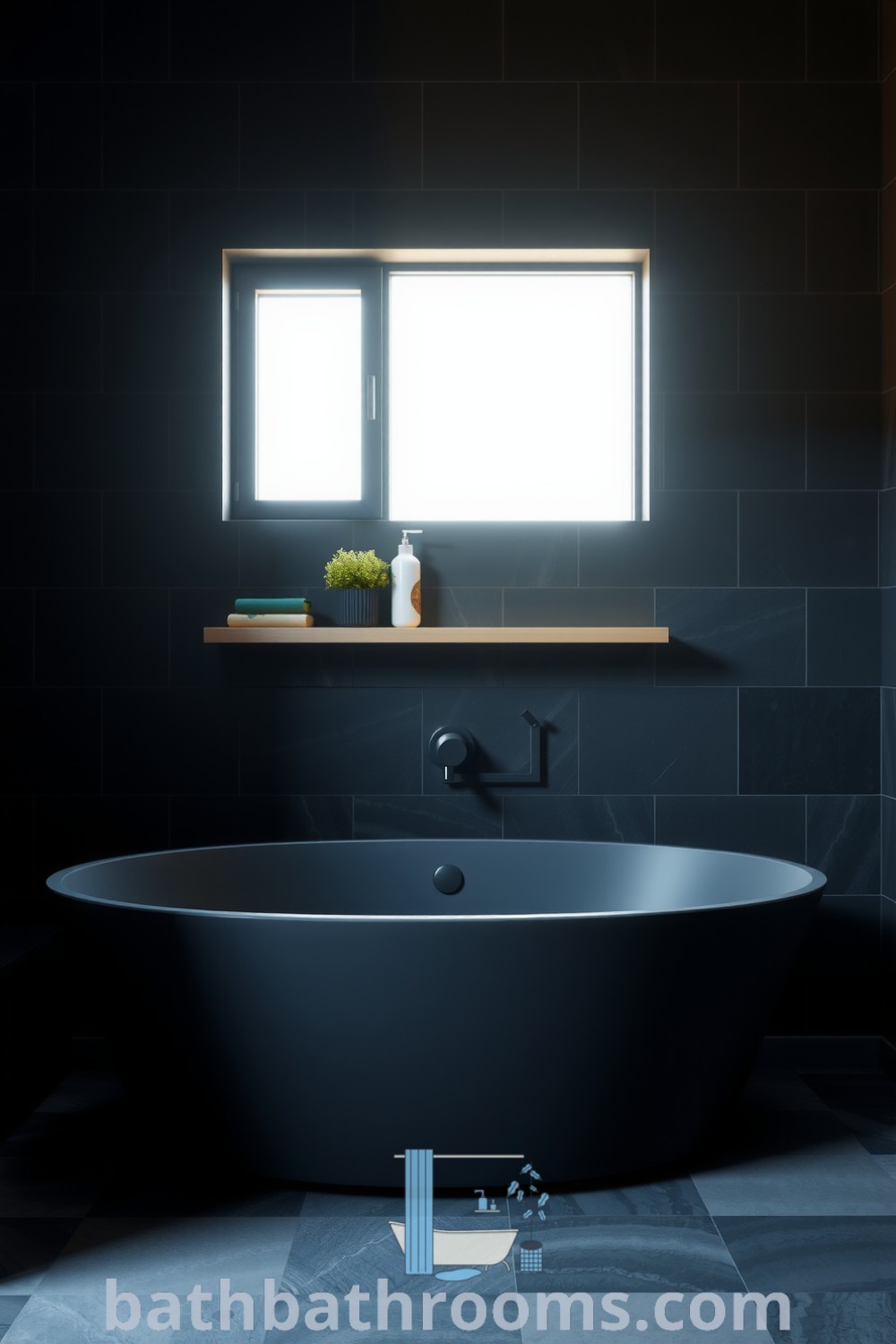 Cozy minimalist bathroom featuring a sleek freestanding tub, textured stone walls, warm lighting, and green plants for a refreshing touch. Discover more decor ideas at bathbathrooms.com.