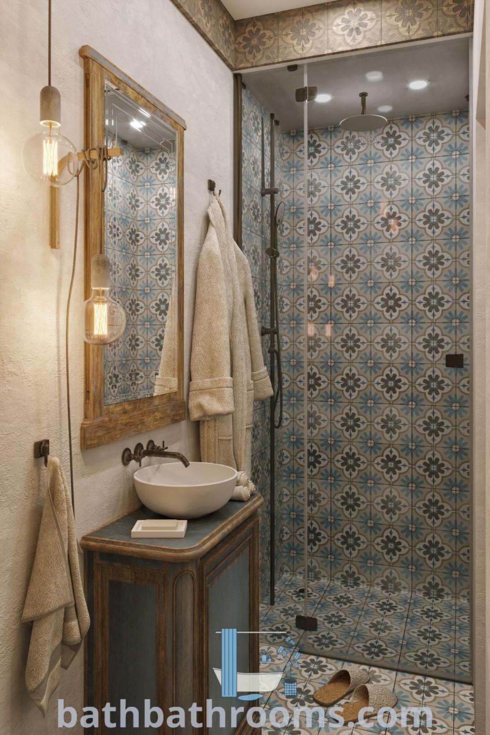 A charming small Italian bathroom featuring a sink, mirror, and shower stall, designed with vintage bathroom tiles inspired by Morroco and Tuscany aesthetics. Discover inspiring decor ideas for small spaces at bathbathrooms.com.