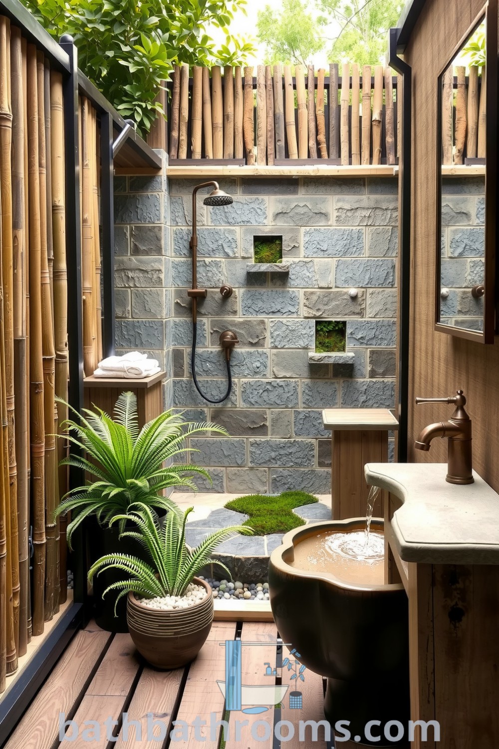 Outdoor bathroom with bamboo privacy screen, natural stone shower, wooden deck, and potted ferns, evoking a tranquil and cozy ambiance in nature. Discover unique ideas for your home at bathbathrooms.com.