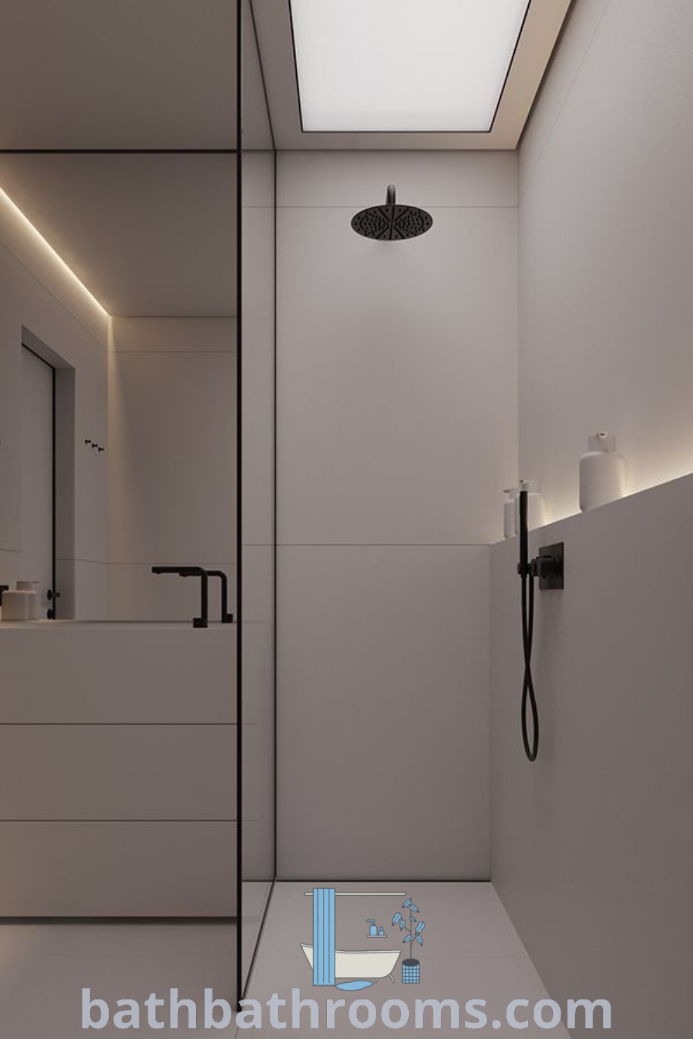A sleek bathroom ready for use as a shower stall, featuring modern lighting design and minimalist decor. Explore luxurious restroom features and design ideas at bathbathrooms.com.