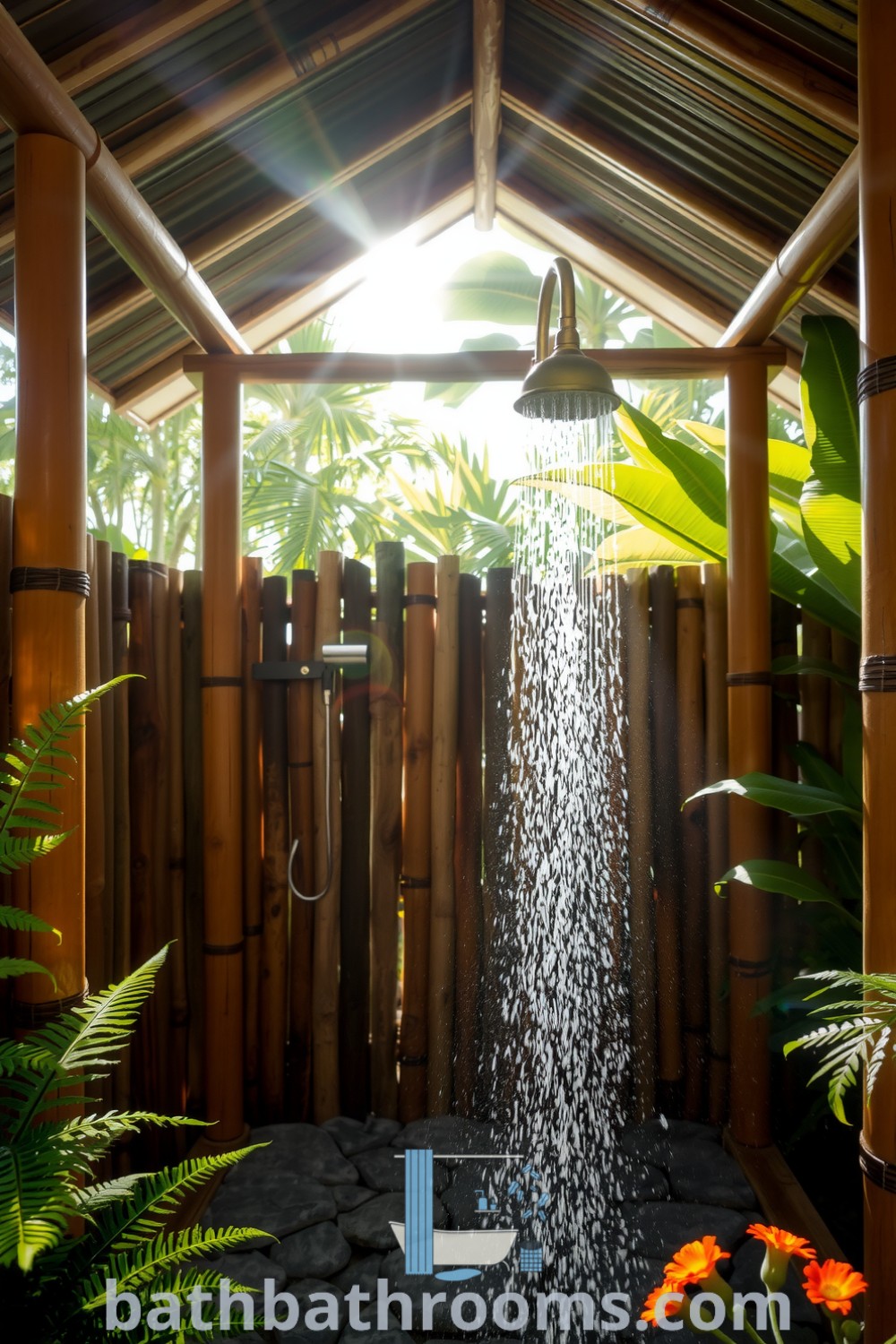 Outdoor bathroom shower with weathered bamboo, smooth river stones, and aged brass showerhead, surrounded by vibrant flowers and tropical foliage, creating a tranquil oasis. Discover inspiring decor ideas for your home at bathbathrooms.com.