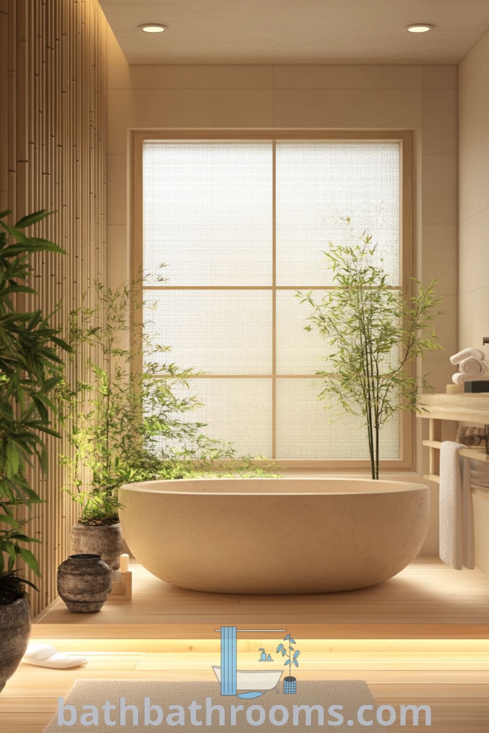 Cozy Japanese bathroom featuring a smooth wooden floor, a natural stone soaking tub under a frosted window, bamboo accents, and potted greens, creating a serene atmosphere. Discover unique ideas and design tips for your home at bathbathrooms.com.