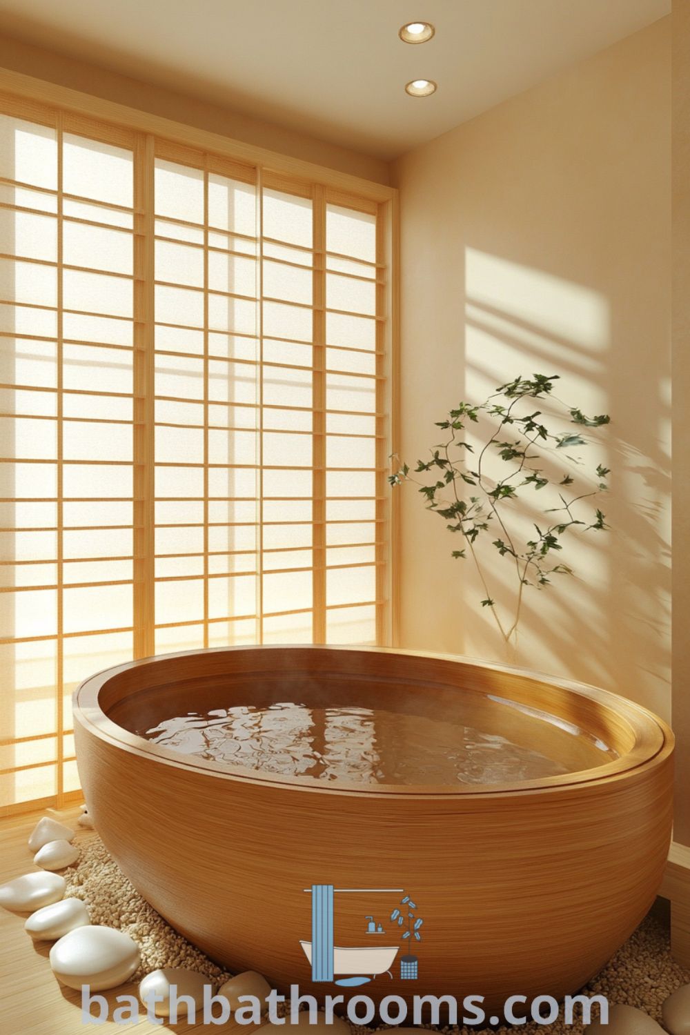 Cozy Japanese bathroom featuring warm beige tones, a deep wooden tub flanked by river stones, and soft light from shoji screens, creating a tranquil and inviting atmosphere. Discover more cozy decor ideas at bathbathrooms.com.