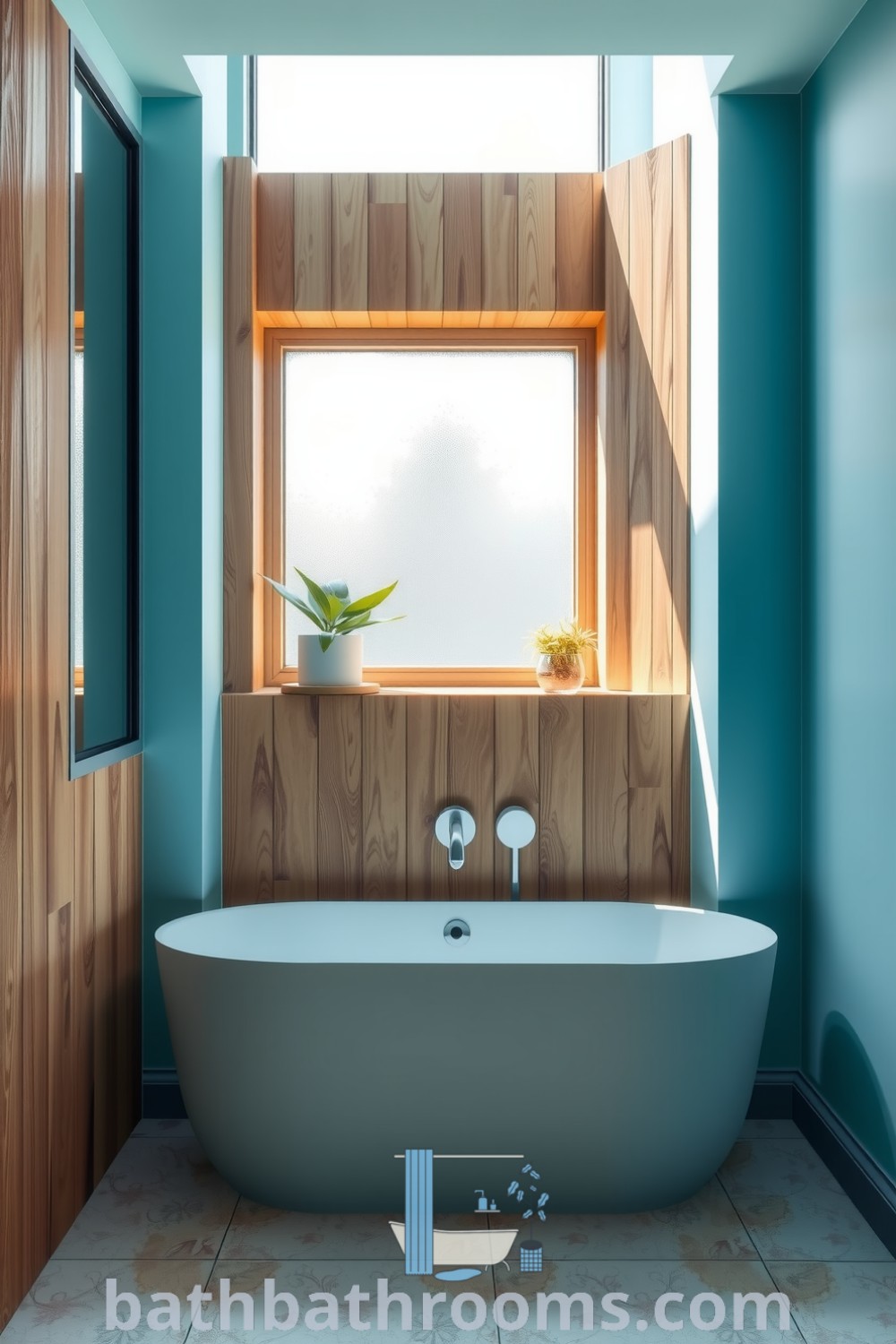 Minimalist bathroom featuring soft cyan walls, a freestanding matte tub, textured wood panels, and potted greenery, creating a tranquil environment for relaxation. Discover more decor ideas for small spaces at bathbathrooms.com.