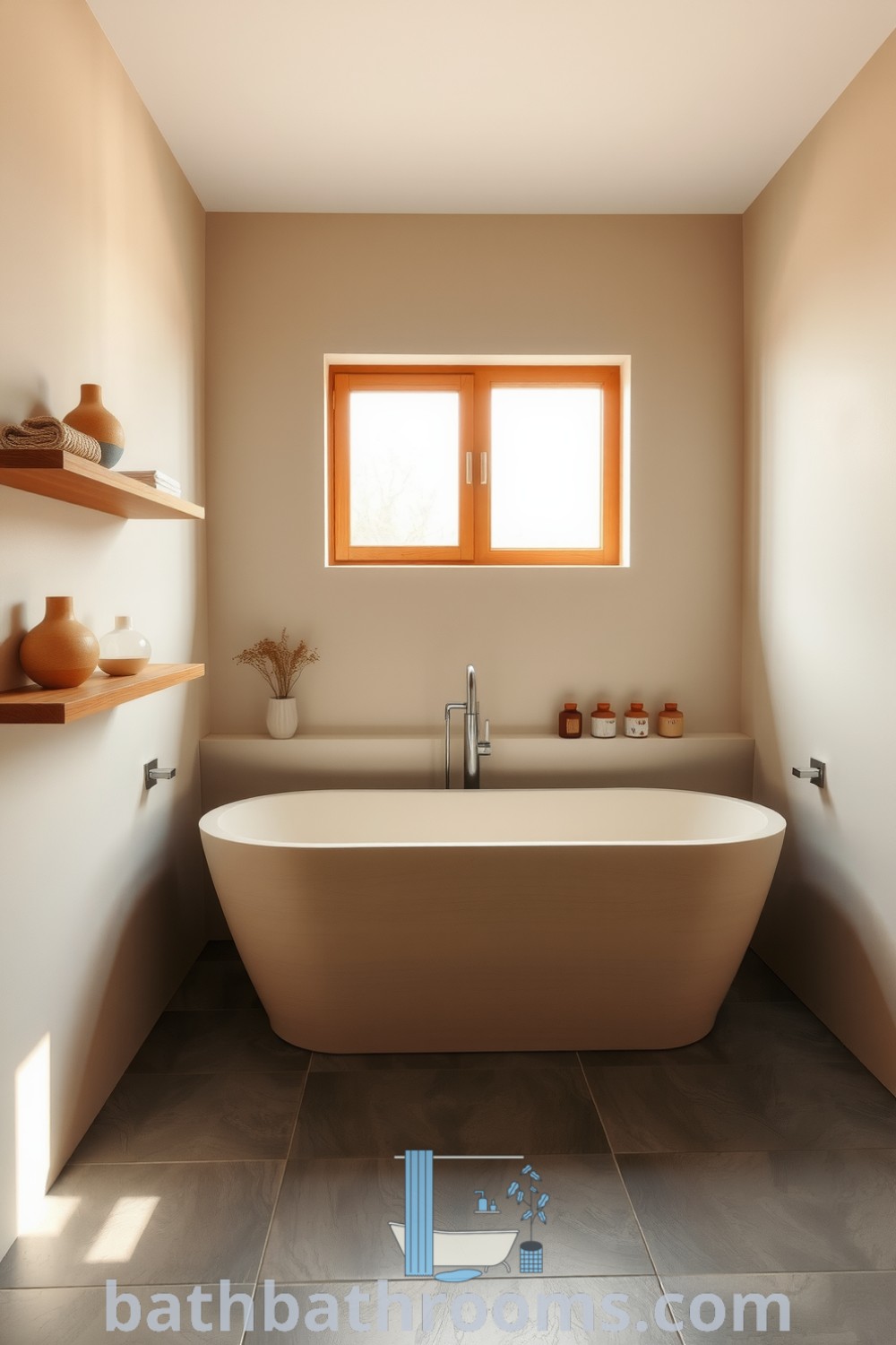 Minimalist bathroom featuring soft sand hues, a freestanding tub on slate tiles, wooden shelves, and a ceramic sink, creating a serene atmosphere perfect for relaxation. Discover more unique ideas for your home at bathbathrooms.com.
