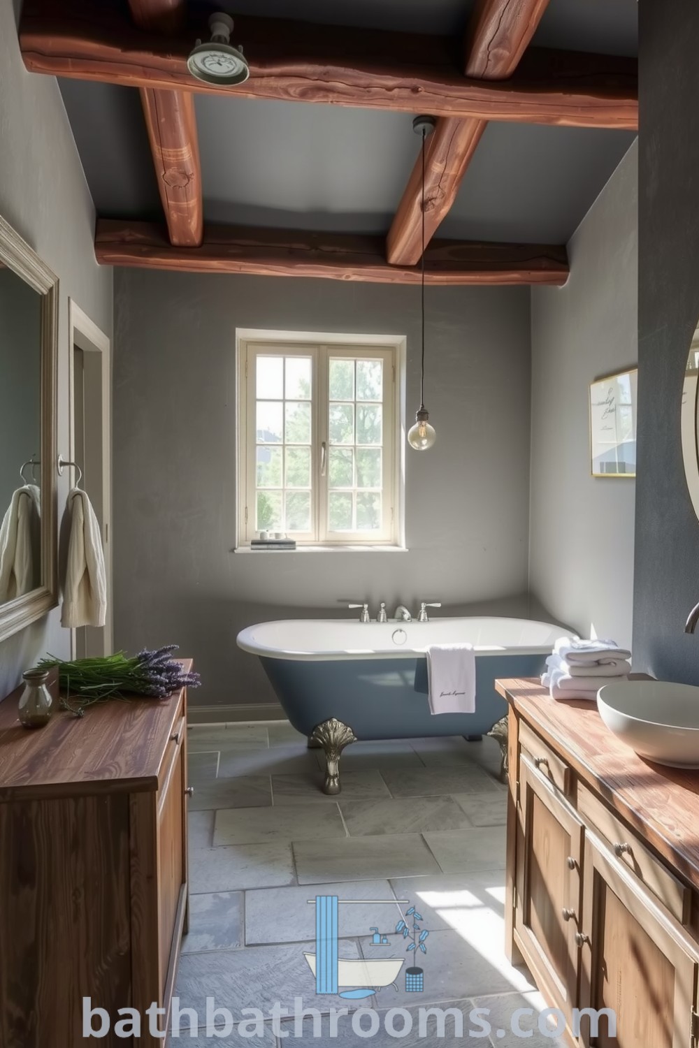 Cozy gray bathroom retreat featuring a freestanding tub against textured walls, rustic wooden beams, and a vintage vanity, highlighting serene and inviting decor ideas for your home. Discover more unique ideas at bathbathrooms.com.