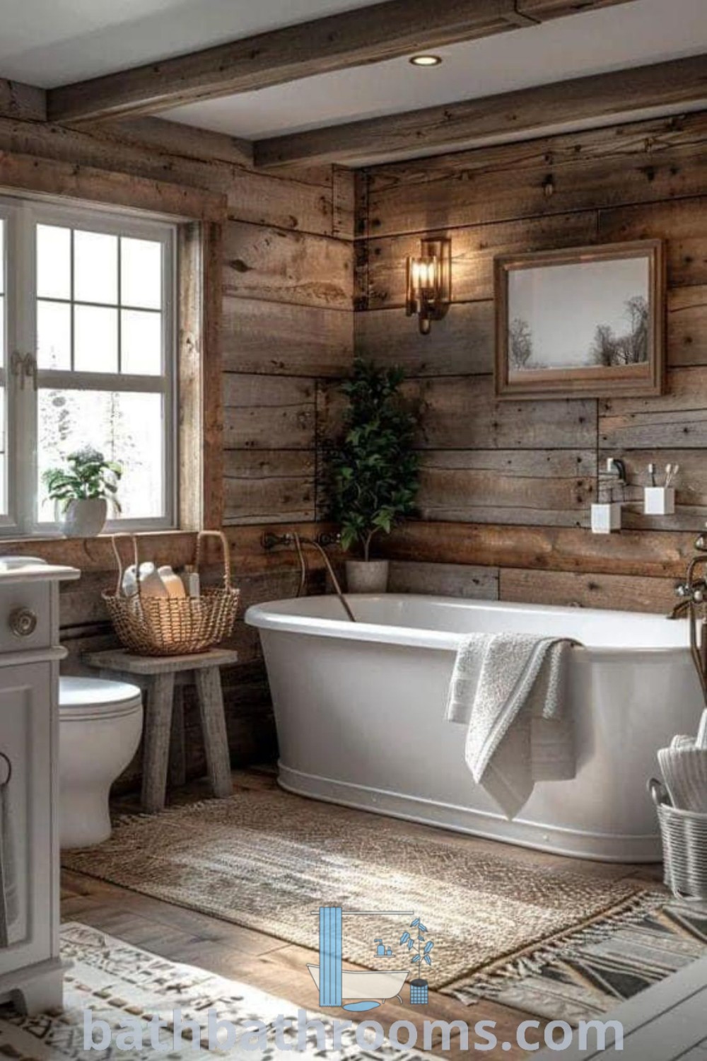 A rustic farmhouse bathroom with wooden walls and flooring, featuring shiplap design elements and cozy decor ideas. This stunning bathroom showcases a country style that blends functionality with aesthetic charm. Discover more decor inspirations at bathbathrooms.com.