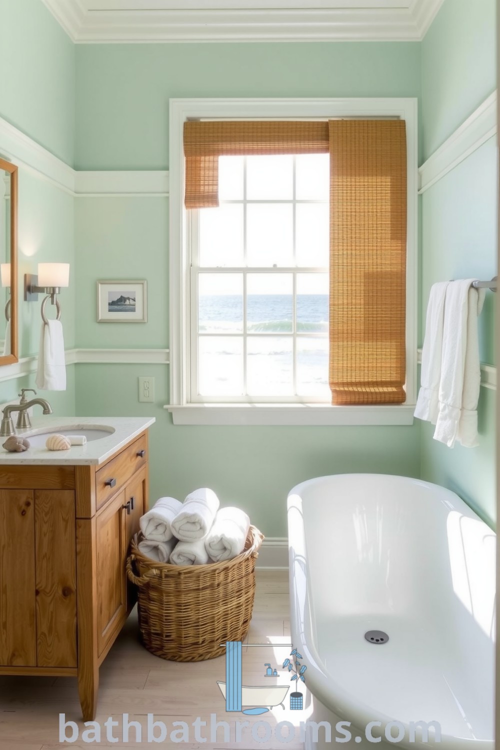 Cozy beach-inspired bathroom with seafoam green walls, a weathered wooden vanity, polished stone countertop, seashell accents, and a freestanding tub, creating a tranquil and inviting retreat. Explore more cozy home decor ideas at bathbathrooms.com.