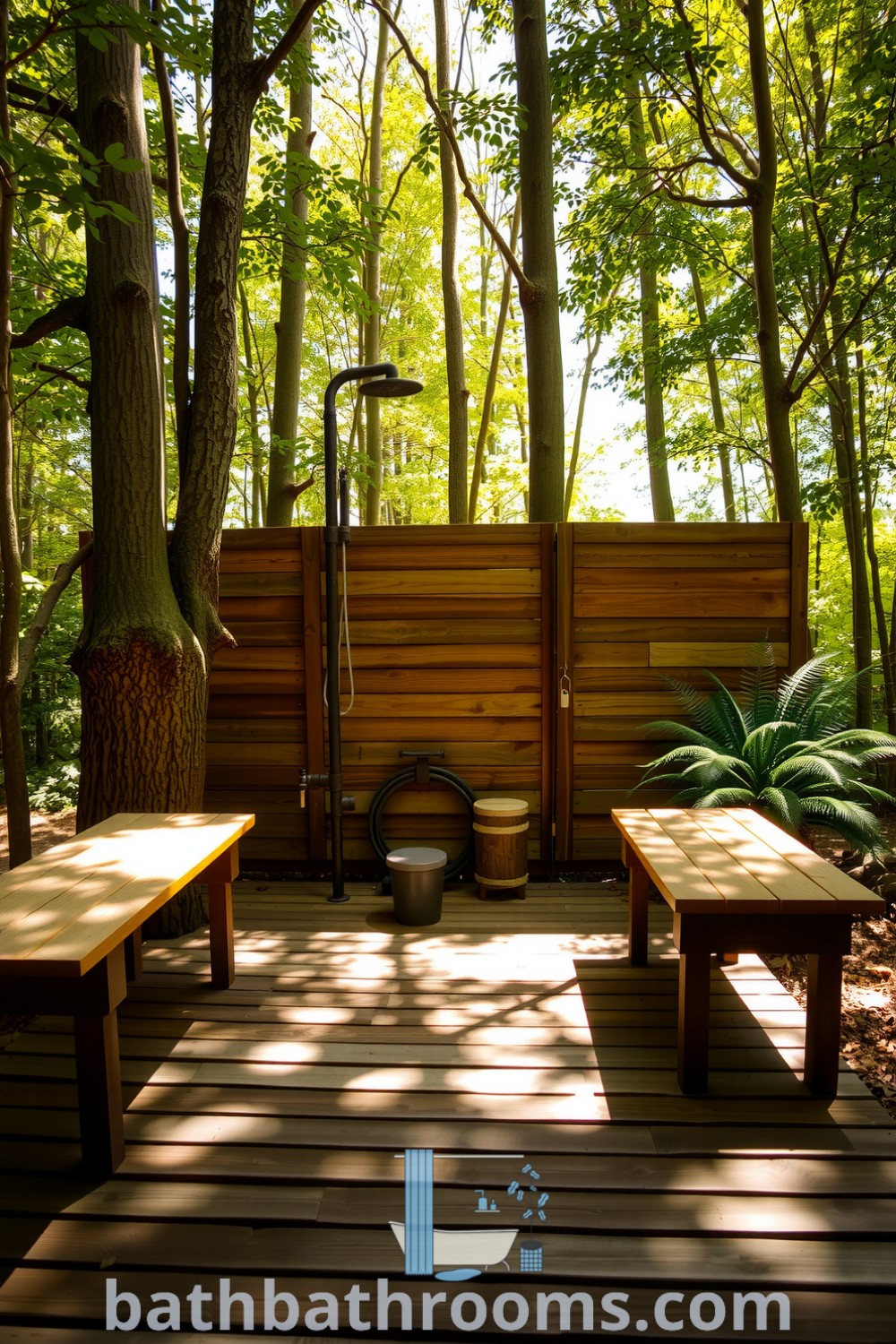 Rustic outdoor bathroom featuring wooden flooring, a weathered metal shower surrounded by lush ferns, a wooden bench for relaxation, and a handcrafted privacy screen, creating a cozy and inviting atmosphere. Discover inspiring decor ideas at bathbathrooms.com.