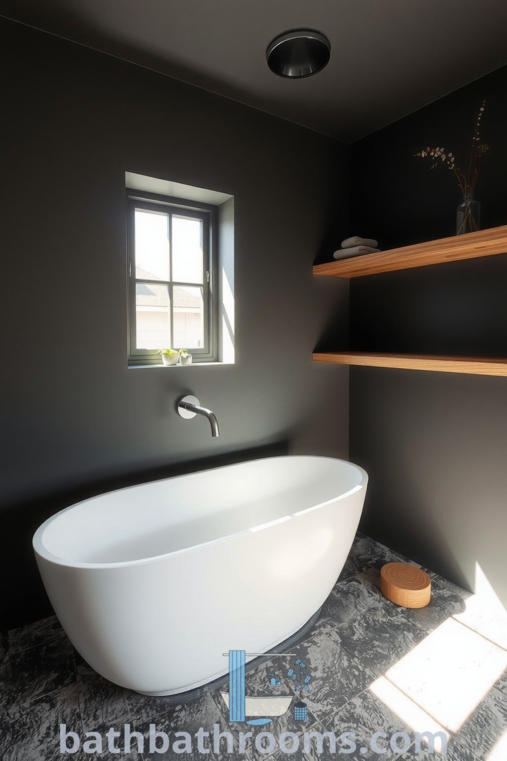 Minimalist bathroom featuring a sleek freestanding tub, graphite hues, textured walls, wooden shelves, and green plants, creating a serene and inviting atmosphere. Discover more design ideas and cozy inspirations for your home at bathbathrooms.com.