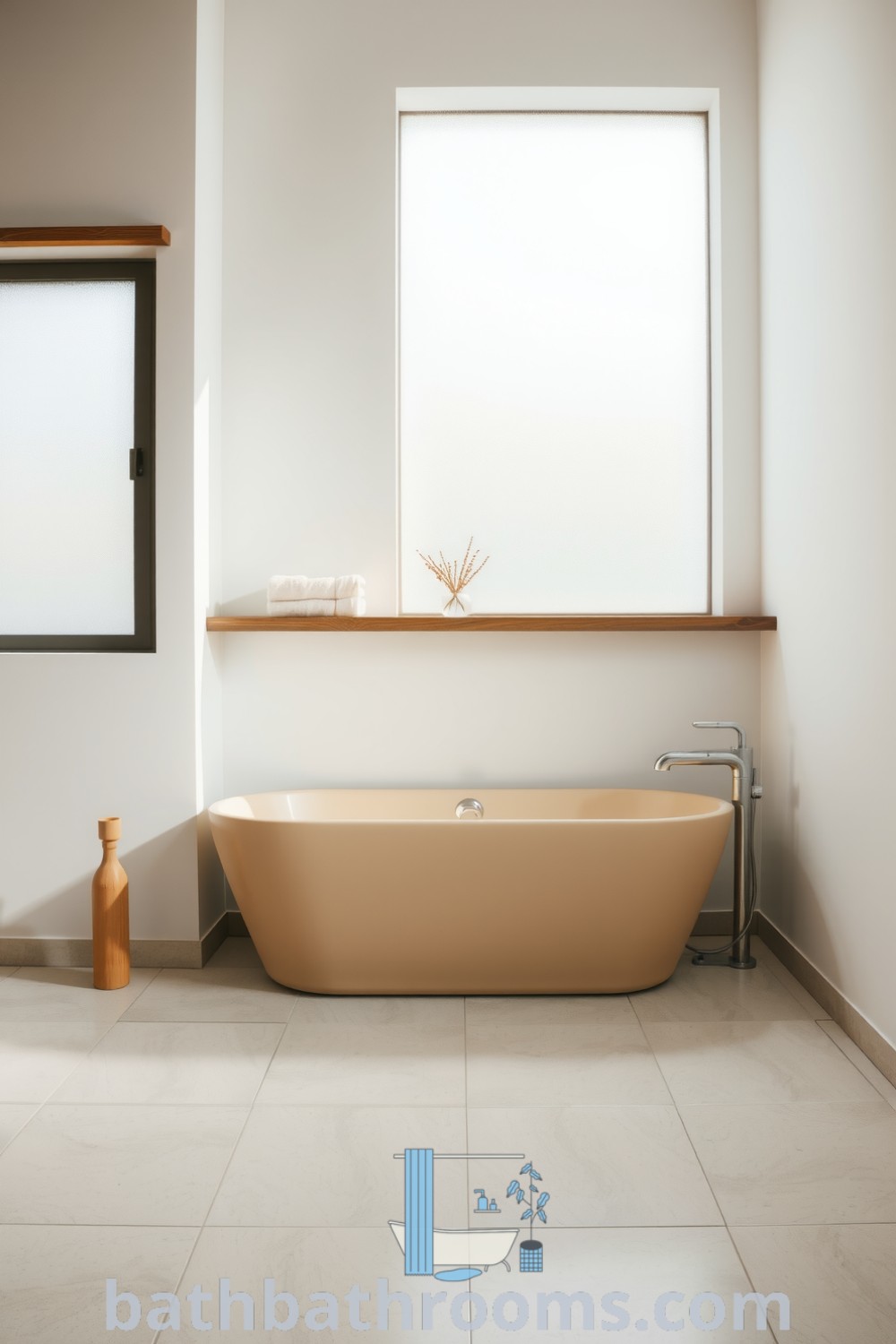 Stylish minimalist bathroom featuring a sand-colored tub against a white wall, natural light from a frosted window, textured stone tiles, and wooden shelving with potpourri and towels, exemplifying cozy decor ideas for a serene home. Visit bathbathrooms.com for more inspiring designs.