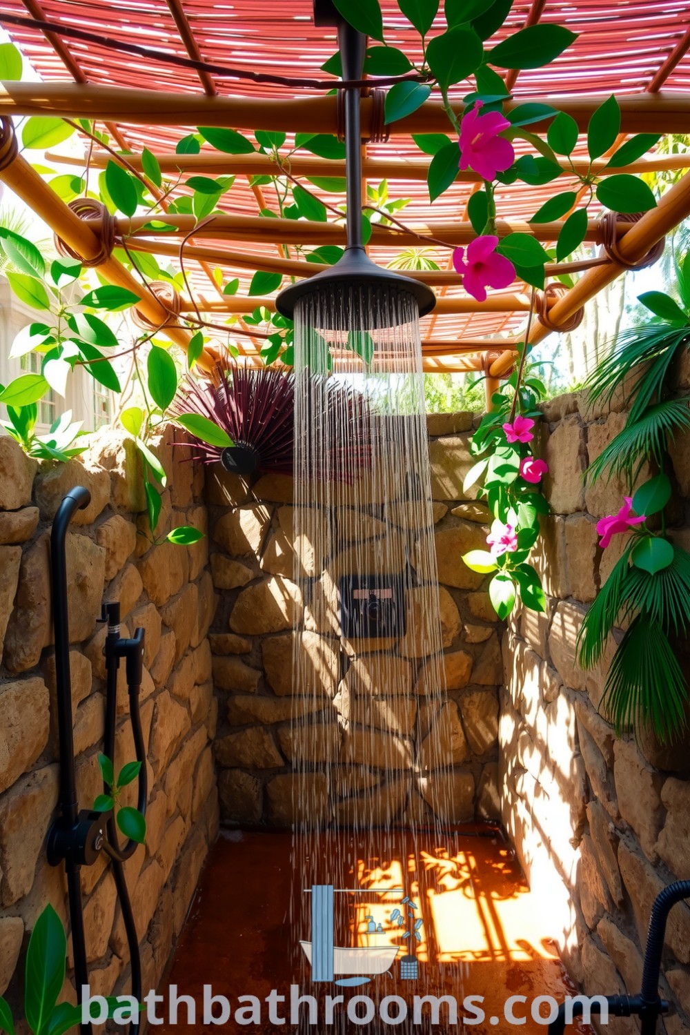 Outdoor shower beneath a bamboo pergola with lush greenery, rough-hewn stone walls, and a rustic metal rain shower, creating a tropical oasis. Discover inspiring decor ideas and unique ideas for your home at bathbathrooms.com.