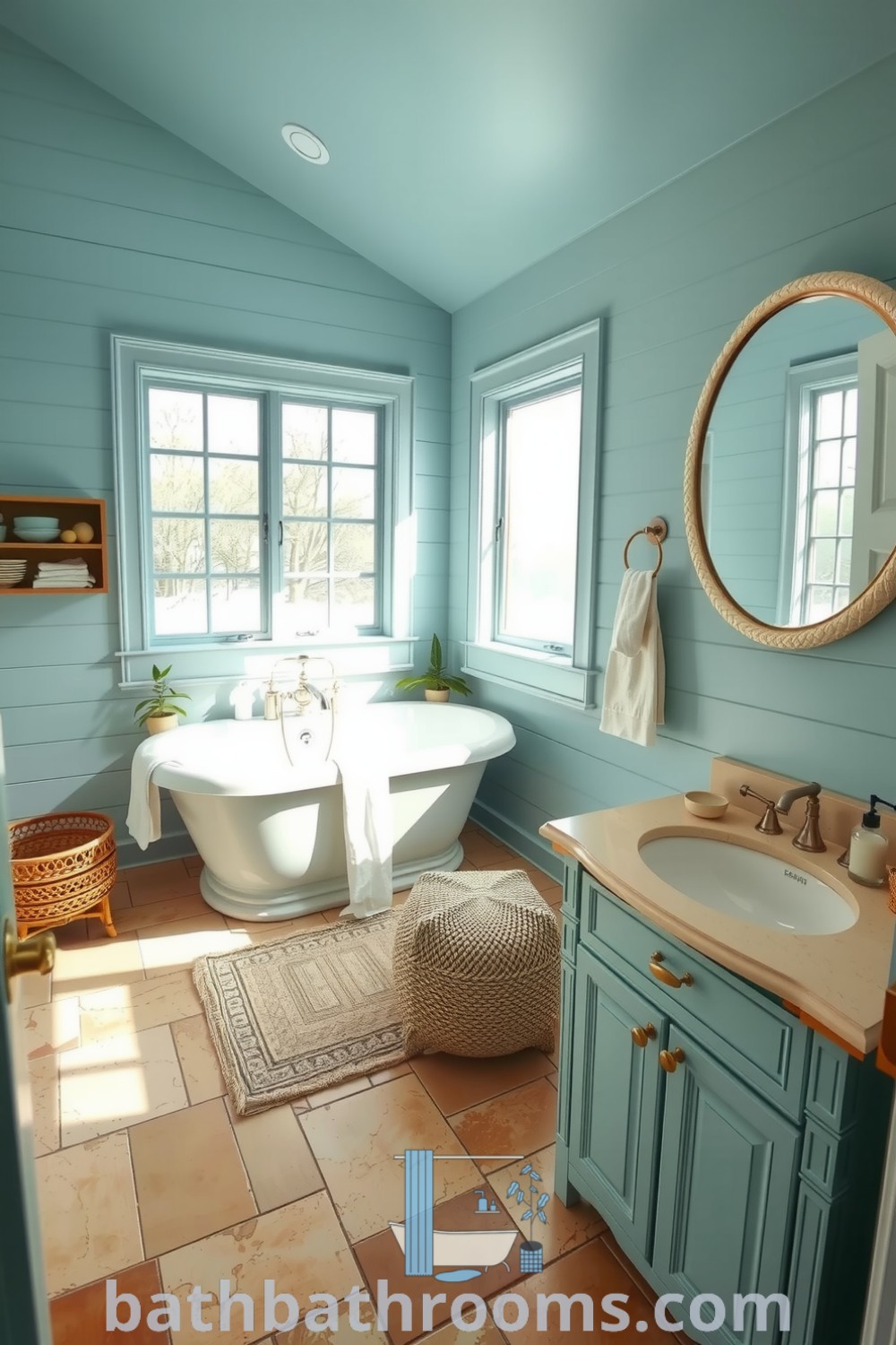 Tranquil ocean-style bathroom featuring soft blue hues, sandy beige accents, a freestanding tub, and ocean-themed decor, creating a serene and cozy atmosphere. Discover unique ideas for your home at bathbathrooms.com.